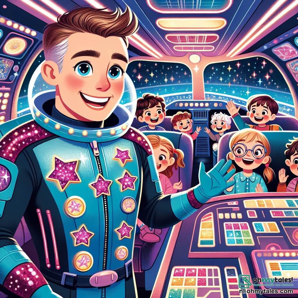 Een man, Captain Koen, glimlachend en enthousiast, draagt een glanzend blauwe ruimtepak met fonkelende sterren. Zijn haar is kort en bruin, en zijn ogen stralen van opwinding terwijl hij de kinderen het interieur van zijn ruimteschip laat zien. Naast hem kijkt Emma, een 8-jarig meisje met blonde vlechten, verwonderd naar de heldere knoppen op het dashboard. Niels, een 7-jarig jongetje met ronde brillen, zit op een stoel met zijn armen in de lucht, lachend van vreugde. Het interieur van het ruimteschip, "De Sterrenvogel", is gevuld met kleurrijke lichten, controlepanelen en schermen die beelden van planeten en sterren tonen. Vensters tonen de schoonheid van de ruimte, met fonkelende sterren en de Aarde in de verte. De belangrijkste situatie toont Captain Koen die de kinderen uitlegt hoe het ruimteschip werkt, terwijl ze vrolijk in gewichtloosheid zweven, omgeven door de uitgestrektheid van de ruimte.
