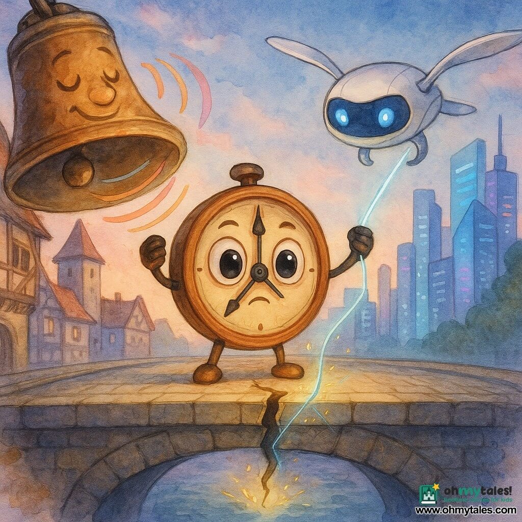 The main character is a small anthropomorphic varnished wood and brass clock with round shiny eyes and thin hand-like hands, determined yet gentle, holding its hands above a tear in the bridge while emitting tiny luminous vibrations; to the left a large bronze bell with a carved smiling face swings gently from the old town, sending colorful sound waves toward the clock, and to the right a smooth white futuristic drone with blue LEDs and a friendly expression hovers over the bridge projecting a bright holographic thread to help stitch the crack; the bridge links two towers—cobbled half-timbered houses on the left and glass neon skyscrapers on the right—soft clouds and a blue-pink gradient sky, the fissure at the center like an open mouth, soft light, controlled watercolor drops around the figures, warm magical atmosphere.