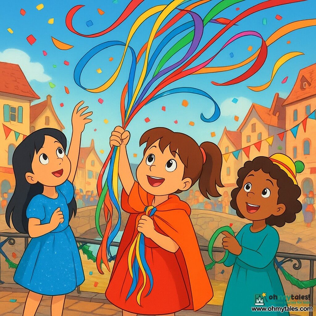 Three 5-year-old girls stand on a low stone bridge over a golden-reflecting river: Maya, brown hair in a ponytail wearing a deep sunset-orange cape, holds a bundle of multicolored ribbons at the center; Lila, sleek black hair in a sparkling blue-silver dress, stands to Maya’s left preparing to release a ribbon; Noor, dark curly hair with a small bell-adorned hat, stands to Maya’s right smiling as the wind lifts her ribbon’s end. The bridge has wet gleaming cobbles, wrought-iron railings with paper garlands, and colorful medieval buildings, flags and bunting in the background above a cheerful, blurred market crowd. Together they release paper streamers and shiny ribbons that spiral like stained glass into a clear sky with confetti falling, their faces full of wonder and joy in a bright carnival atmosphere.