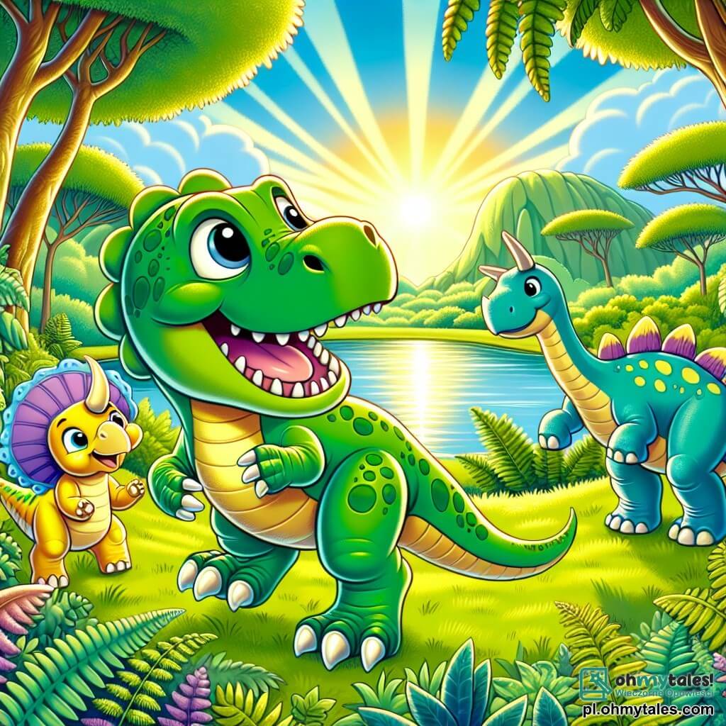 Młody Tyrannosaurus Rex o imieniu Tytus, z jaskrawozieloną skórą i dużymi, ciekawymi oczami, stoi na środku sceny, prezentując radosny i entuzjastyczny wyraz twarzy. Ma duże, umięśnione łapy i długi ogon, który wygina się za nim. Po jego prawej stronie stoi mały triceratops o imieniu Tosia, z żółtymi łuskami i ładnym różowym gryzoniem, który przyjaźnie uśmiecha się do Tytusa, gotowa towarzyszyć mu w przygodzie. Po lewej stronie znajduje się diplodok o imieniu Dorian, z długą szyją i niebieską skórą, który pochyla się, aby ich obserwować, prezentując łagodny i opiekuńczy wyraz twarzy. Tło stanowi rozległa, zielona polana, oświetlona złotym światłem słońca, otoczona dużymi paprociami i majestatycznymi drzewami. W tle mieni się jezioro jak lustro, odbijające żywe kolory nieba. Główna sytuacja pokazuje Tytusa i jego przyjaciół, wszyscy razem, gotowi do odkrywania nowego otoczenia, pełni ekscytacji i ciekawości, odkrywając cuda swojej wyspy pełnej niespodzianek.