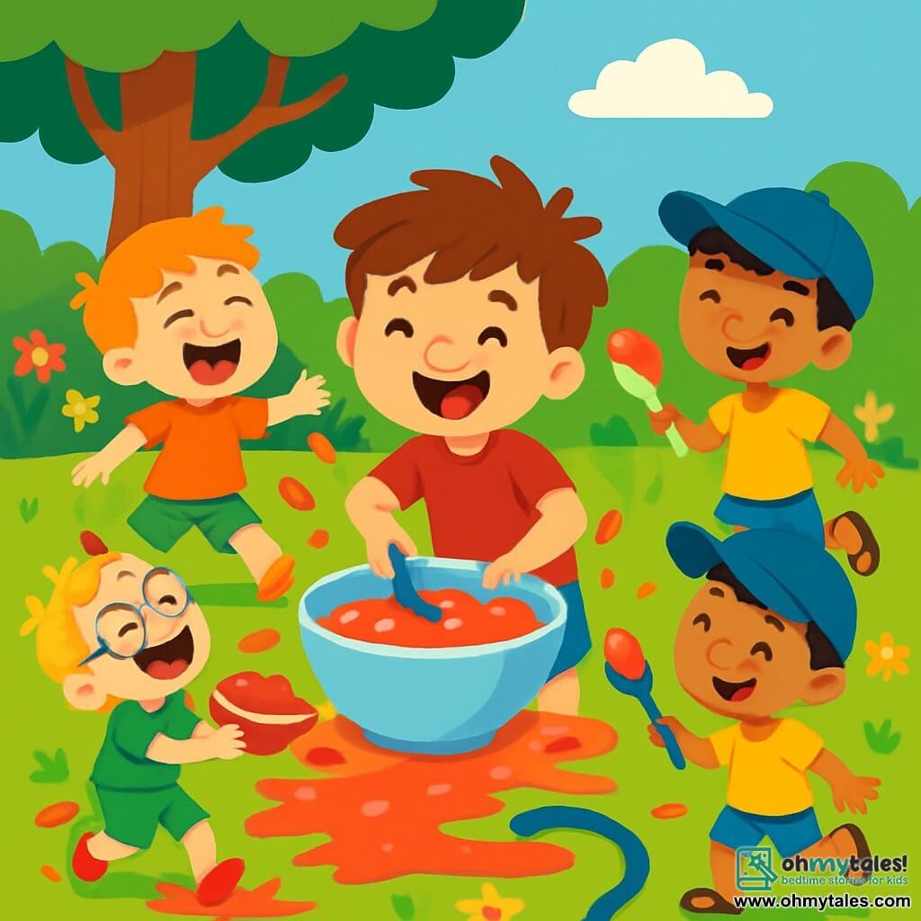 There are 4 children: Max, a 7-year-old boy with messy brown hair and a big smile, wearing a red t-shirt and blue shorts, is in the center mixing jelly in a large bowl. Leo, a 6-year-old boy with blond hair and round glasses, wearing a green t-shirt and shorts, is on the left laughing and holding a small bowl of jelly that has slipped from his hands. Sam, a 7-year-old boy with black hair and a blue cap, wearing a yellow t-shirt and sandals, is on the right dancing with a spoonful of jelly. Ben, a 6-year-old boy with red hair and freckles, wearing an orange t-shirt and striped shorts, is behind Max sliding on the jelly-covered floor, laughing loudly. The scene takes place in a sunny garden with green grass and colorful flowers, featuring a large shady tree in the background and a hose on the ground ready to splash jelly. The main situation shows the children laughing and playing in a big mess of jelly, with colorful splashes everywhere, enjoying sliding on the slippery ground, creating a joyful and laughter-filled atmosphere.