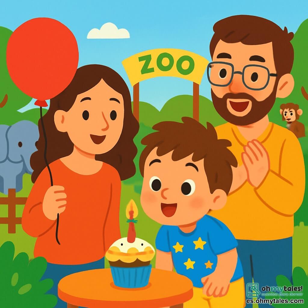Un niño de 2 años, Tomás, con cabello castaño desordenado y ojos brillantes de alegría, sopla una vela de cumpleaños en un pequeño pastel colorido. Lleva una camiseta azul con estrellas y un pantalón corto amarillo, mostrando una gran sonrisa maravillada. A su lado, su mamá, una mujer de unos 30 años con cabello largo y rizado, lo anima con una sonrisa cálida, sosteniendo un globo rojo en su mano. Su papá, un hombre de unos 30 años con barba ligera y gafas, está justo detrás, aplaudiendo con orgullo. La escena tiene lugar en un zoológico soleado, rodeado de vegetación, con animales coloridos de fondo, como un elefante y un mono curioso. Tomás está rodeado de alegría y emoción, celebrando su cumpleaños entre risas y colores vivos.