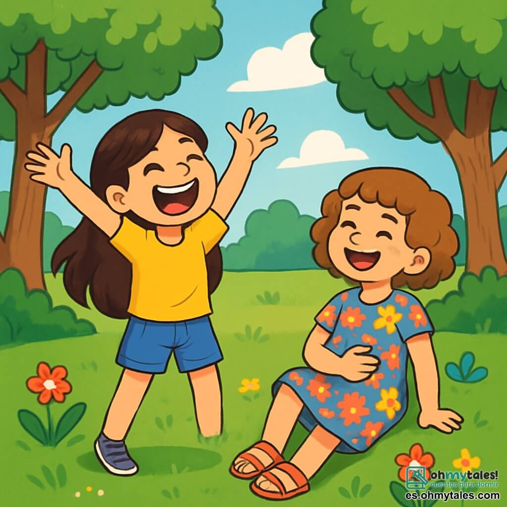 Hay 2 personajes principales: - María: una niña de 10 años, con largos cabellos castaños y ojos brillantes. Lleva una camiseta amarilla brillante y un short de mezclilla. Está riendo, con los brazos levantados, en un césped verde. - Lucía: una niña de 10 años, con cabello corto y rizado, de color castaño claro. Lleva un vestido de flores coloridas y sandalias. Está sentada en la hierba, sonriendo, con una mano en el vientre, como si acabara de reírse de un chiste de María. La situación principal ocurre en un pequeño parque secreto, rodeado de majestuosos árboles con hojas de un verde brillante. El suelo está cubierto de un suave césped, salpicado de flores silvestres de colores vivos. A lo lejos, se ve un cielo azul claro salpicado de algunas nubes blancas esponjosas. La escena muestra a María y Lucía divirtiéndose juntas, riendo a carcajadas después de una caída cómica de María, quien acaba de tropezar al intentar hacer una voltereta. La atmósfera es alegre y llena de complicidad, ilustrando el poder de la amistad y la ligereza de las emociones infantiles.
