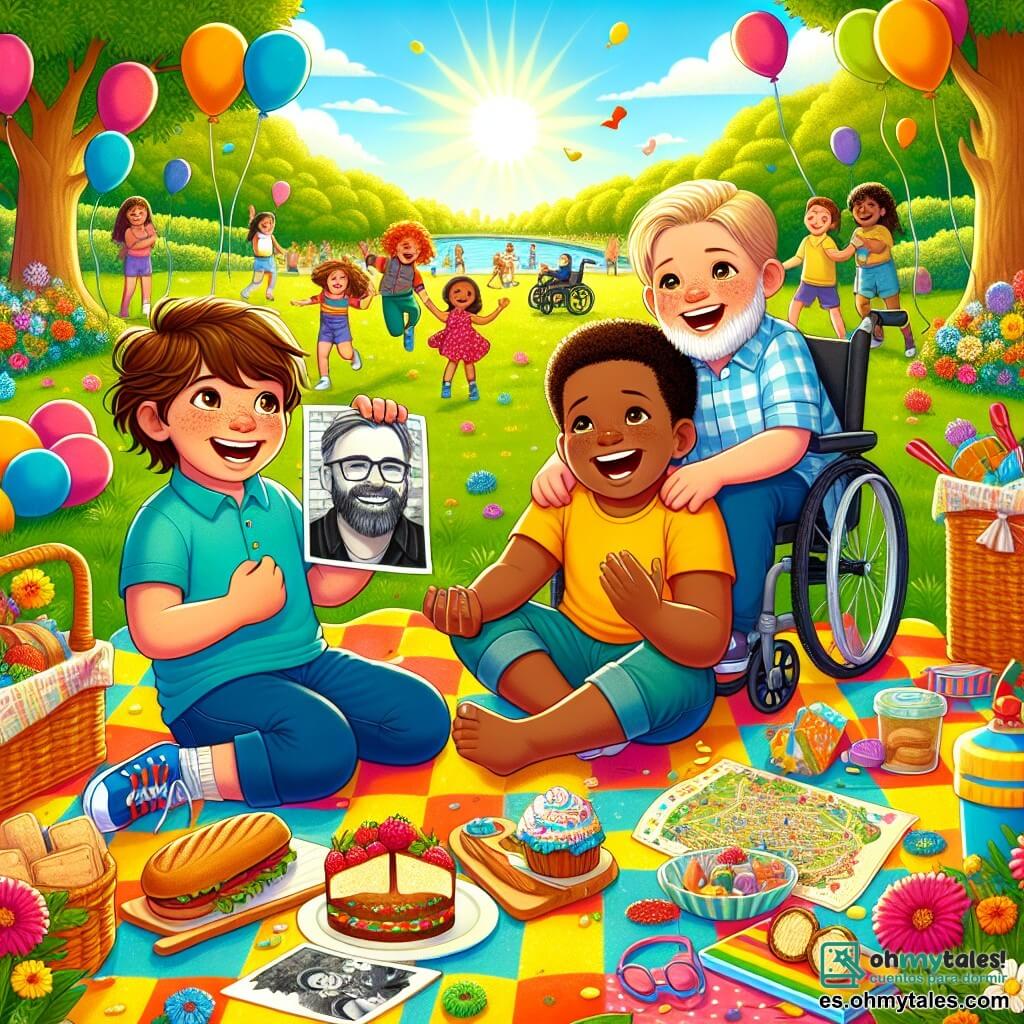 En un parque soleado, un niño de 10 años llamado Lucas, con cabello castaño alborotado y una sonrisa brillante, está sentado sobre una gran manta de picnic colorida. A su lado está Tomás, un niño de 9 años en silla de ruedas, con gafas y cabello negro, que ríe alegremente sosteniendo un mapa del tesoro. Frente a ellos, su papá, un hombre de unos treinta años con una ligera barba y ojos brillantes de felicidad, mira la foto en blanco y negro que le han regalado, su rostro radiante de sorpresa y cariño. El parque está lleno de flores vibrantes, grandes árboles verdes y globos de colores flotando en el aire. A lo lejos, niños juegan y ríen, mientras una suave brisa hace bailar las hojas. La escena principal muestra a Lucas y Tomás preparando una sorpresa para su papá, con sándwiches y pasteles sobre la manta, rodeados de decoraciones festivas, mientras se preparan para revelarle una caza del tesoro llena de recuerdos.