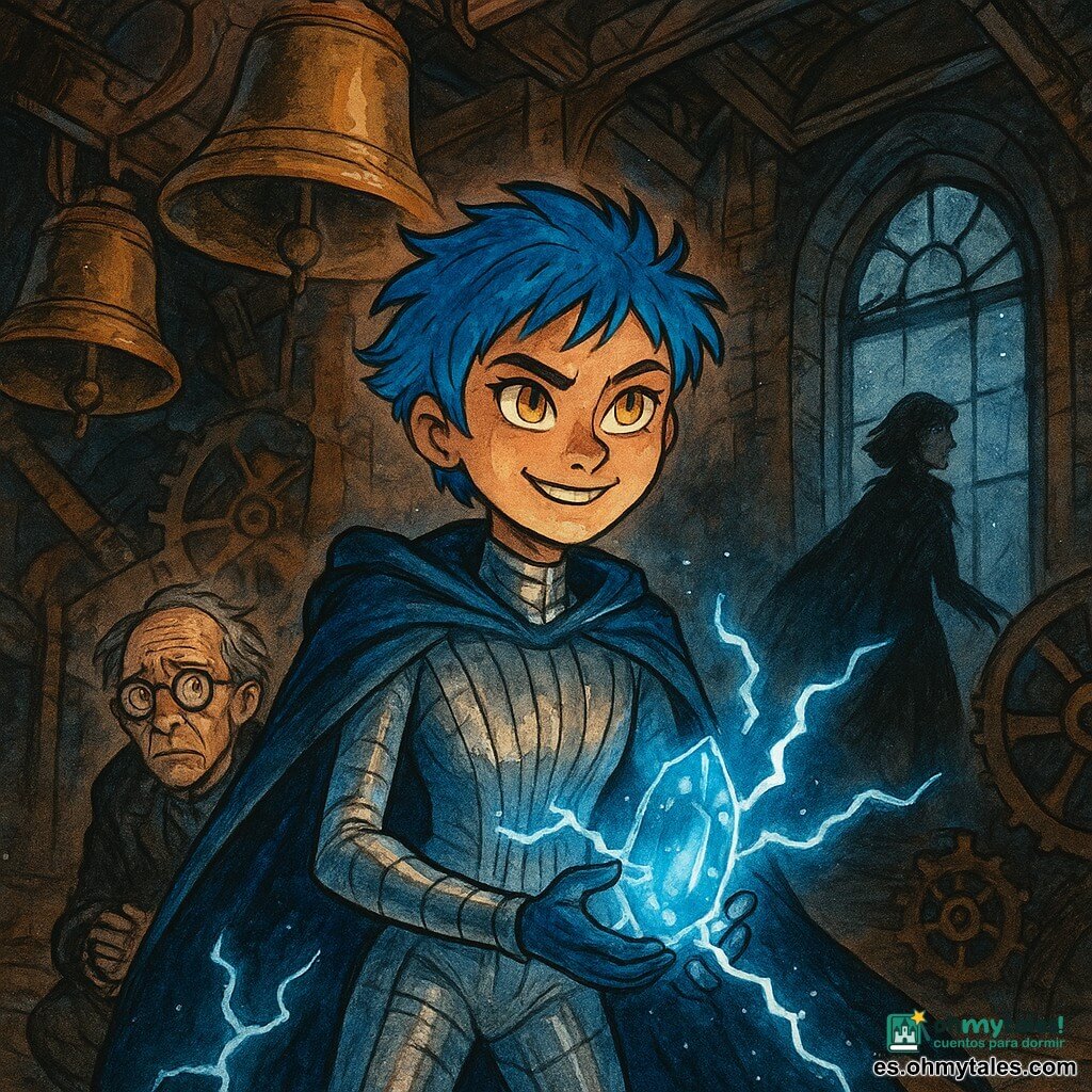 Una heroína, Electra Chispa: rostro decidido y sonriente, ojos dorados, cabello corto azul eléctrico despeinado, traje plateado con rayas reflectantes y capa chispeante; sostiene un cristal luminoso azul que pulsa relámpagos suaves. El Doctor Obscurio (unos 60 años): rostro arrugado, gafas redondas, cabello gris revuelto, ropa oscura manchada de hollín; sentado en el suelo con manos atadas, junto a una gran campana. Sombra Pluma (unos 30 años): figura delgada con capa negra y pluma en la chaqueta, se aleja por una ventana alta medio oculta. Interior de una vieja torre de reloj de madera y metal: campanas de cobre, engranajes gigantes, vigas polvorientas, rayos de luna a través de vidrieras sucias, partículas de polvo en el aire. Escena nocturna de confrontación: Electra recupera el Cristal Energético mientras la máquina del doctor está detenida; contraste entre el brillo azul del cristal y las sombras negras de la capa, composición dinámica dominada por azules eléctricos, cobres cálidos y negros profundos.