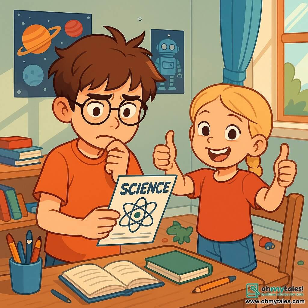 A 12-year-old boy, Ethan, with messy brown hair and round glasses, stands in front of a wooden desk, looking both anxious and determined. His brows are slightly furrowed, and he bites his lower lip while looking at a science flyer. Next to him, his 8-year-old sister Maddie, with braided blonde hair and an encouraging smile, gives a thumbs up while standing on a chair. Their room is decorated with posters of planets and robots, with a messy desk filled with books and school supplies. Soft light filters through the window, illuminating toys scattered on the floor. Ethan hesitates, holding the flyer in his hand, while Maddie enthusiastically encourages him. The atmosphere is warm and inspiring, capturing the moment when Ethan decides to overcome his fear and embark on his science project.
