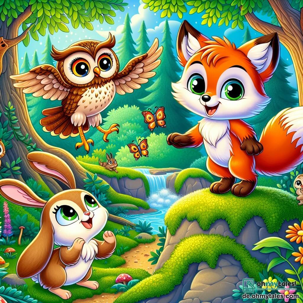Ein kleiner Fuchs mit funkelnden Augen und leuchtend rotem Fell, Felix, steht auf einem moosbedeckten Felsen und zeigt einen entschlossenen und begeisterten Ausdruck. Neben ihm schaut eine weise Eule mit braunen Federn und großen runden Augen, Ella, neugierig mit leicht ausgebreiteten Flügeln, bereit, Felix' Ideen zuzuhören. Ein kleiner Hase mit langen Ohren und weichem Fell, Hops, hüpft fröhlich mit einem Lächeln im Gesicht und hält einen kleinen Zweig in seinen Pfoten. Die Szenerie zeigt eine üppige Natur mit majestätischen Bäumen, leuchtend grünen Blättern, bunten Blumen, die im Wind tanzen, und einem glitzernden Bach, der durch die Landschaft schlängelt. Die Szene findet bei einem Treffen von Tieren statt, bei dem Felix, Ella und Hops leidenschaftlich über den Schutz ihrer Umwelt diskutieren, umgeben von anderen Waldbewohnern, die alle vereint sind, um ihre schöne Natur zu retten.