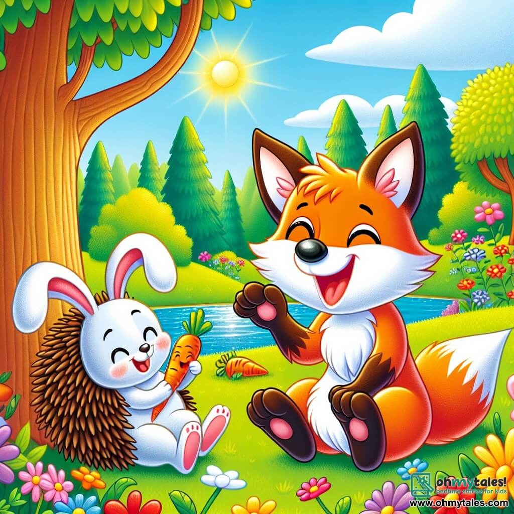 Fuzzy, a mischievous fox with bright orange fur and a bushy tail, laughs heartily with sparkling eyes of mischief as he stands near a large tree. Rabbit, a small bunny with big white ears and round eyes, sits on the green grass, laughing joyfully with a carrot in his paws. Hedgehog, a hedgehog with brown spines and a small black nose, is right next to him, smiling with amusement, his little paws raised in the air. The setting is a charming sunny garden filled with colorful flowers and majestic trees, with a sparkling pond in the background. Fuzzy plays a prank by telling Rabbit he has a carrot on his head, and all the friends burst into laughter in a joyful and playful atmosphere.