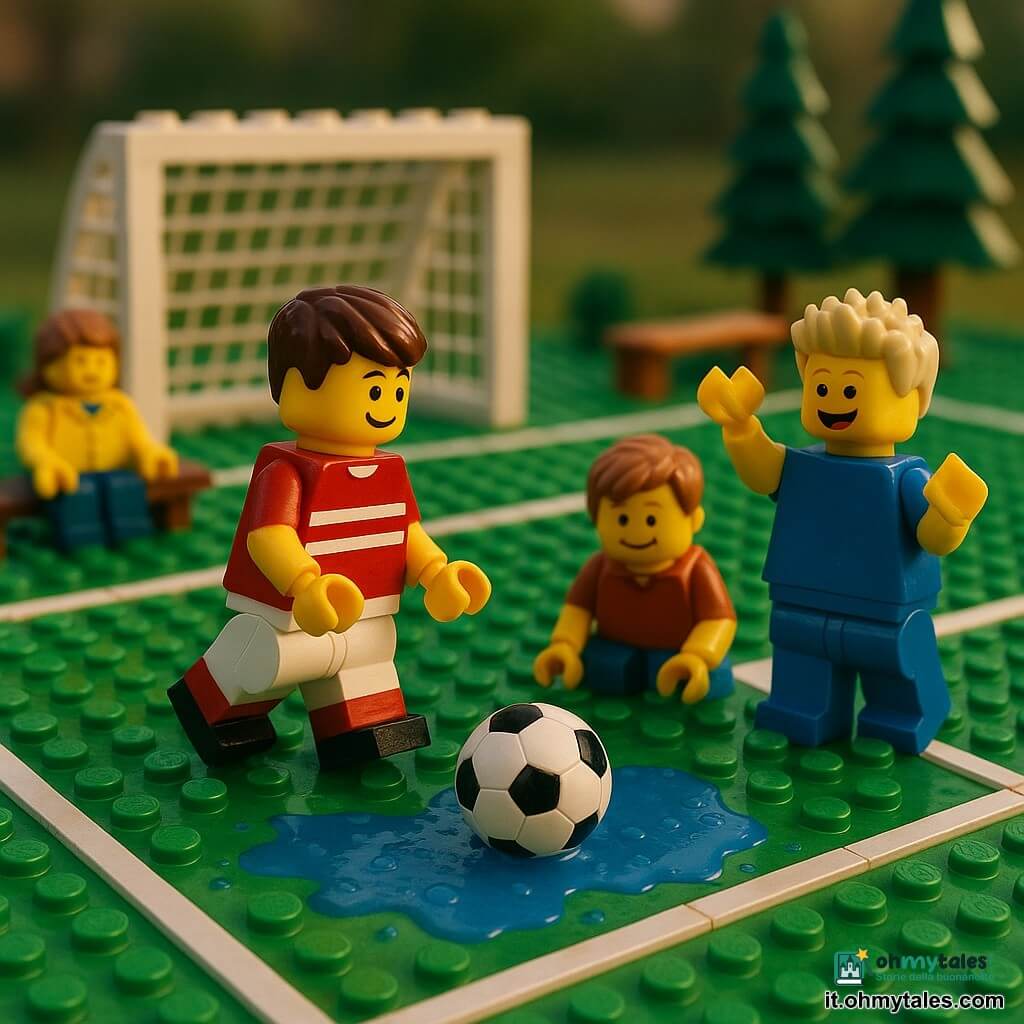 Il ragazzo principale è alto per la sua età, capelli castani corti, maglia rossa a righe bianche, scarpe da calcio nere lucide, sorride sicuro mentre passa con il piede un pallone LEGO rotondo e nero a un compagno; a destra c'è un ragazzo di circa 9 anni, capelli biondi a spazzola, pettorina blu, che riceve il pallone e alza un braccio per celebrare; accovacciato vicino a una pozza LEGO azzurra dove la palla è scivolata c'è un bambino timido di circa 8 anni, capelli castano chiaro, che guarda gli altri sorridendo; sullo sfondo, vicino alla rimessa laterale, una bambina di circa 6 anni con giacca gialla tiene un guanto perso sotto una piccola panchina LEGO; il campo è un piccolo stadio di mattoncini verdi texturizzati con linee bianche, porta bianca, qualche albero verde scuro e una panchina in mattoncini legno; il terreno è bagnato con una grande pozza lucida; situazione principale: momento di fair play — il passaggio al compagno invece del tiro, volti di gioia e solidarietà, piccole spruzzate LEGO intorno alla pozza, luce soffusa di tardo pomeriggio.