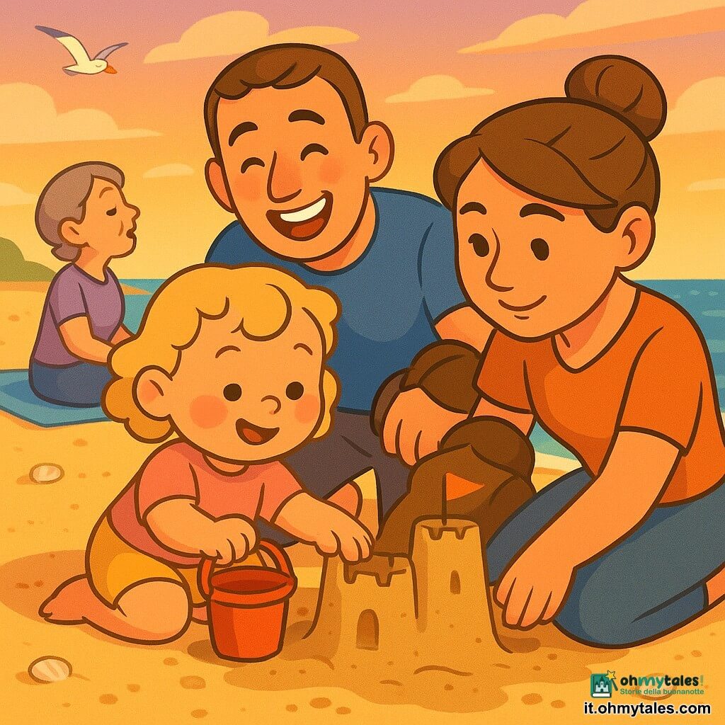 Bimba di 2 anni dal viso rotondo e guance rosate, capelli corti biondi ricci, sorride concentrata mentre tiene un secchiello rosso nella mano destra e tocca una torre di sabbia con la sinistra, accanto a lei la madre trentenne con capelli castani raccolti che la aiuta, il padre sui 32 anni con maglietta blu che ride e posa una mano protettiva sulla schiena, la nonna sessantenne seduta su un telo con capelli grigi corti che canta guardando il mare; spiaggia di sabbia dorata con piccole conchiglie, onde azzurre che lambiscono la riva, un basso castello di sabbia con una torre e una bandierina arancione, cielo al tramonto rosa e arancione, atmosfera calda, dolce e rassicurante.