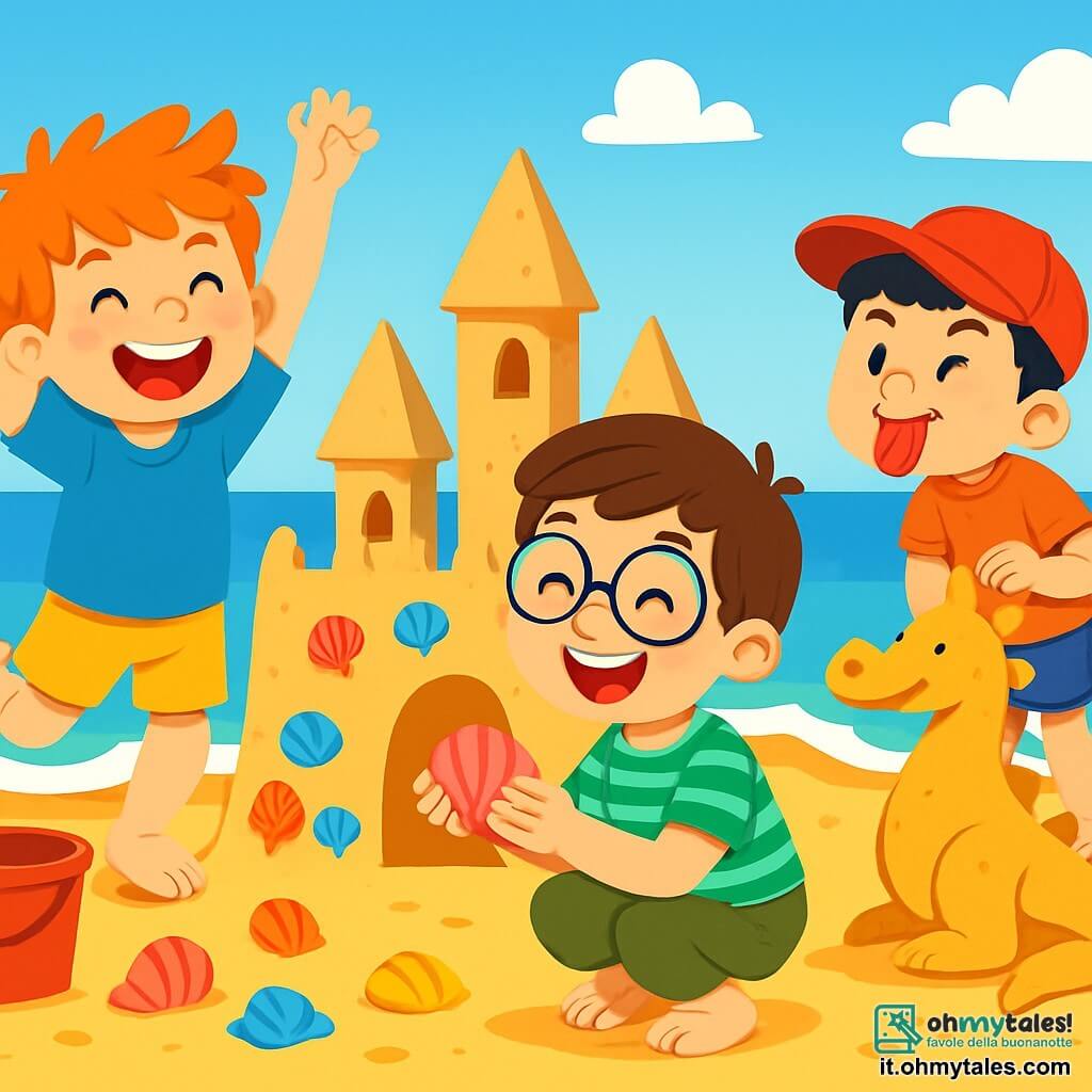 Ci sono 3 personaggi: Marco, un ragazzo di 8 anni con capelli rossi arruffati, t-shirt blu e pantaloni gialli, salta di gioia accanto a un castello di sabbia; Luca, un ragazzo di 8 anni con occhiali rotondi e capelli castani, indossa una camicia a righe verdi e pantaloni corti, accovacciato con una conchiglia rosa in mano e un grande sorriso; Gianni, un ragazzo di 7 anni, piccolo e birichino, con capelli neri e un cappellino rosso, fa una smorfia divertente in piedi su una piccola duna di sabbia accanto a un drago di sabbia che ha costruito. La scena si svolge su una spiaggia soleggiata, con onde dolci che si infrangono sulla riva, sotto un cielo blu brillante con alcune nuvole bianche. I tre amici costruiscono il loro castello di sabbia magico, ridendo e divertendosi insieme, circondati dai loro tesori: sabbie colorate, conchiglie e piccoli giocattoli.
