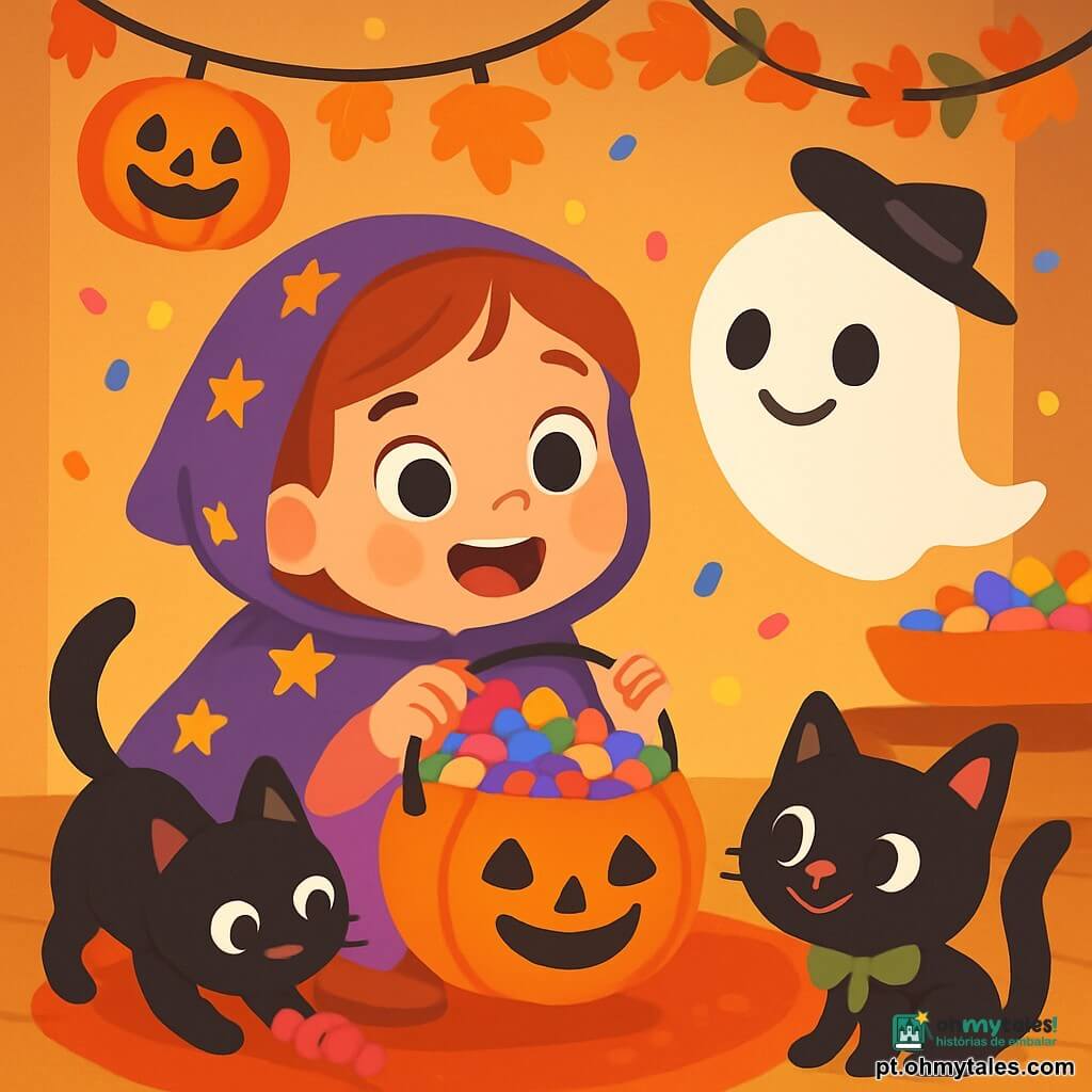 Uma menina de 4 anos, com grandes olhos brilhantes e um sorriso radiante, usa uma capa roxa adornada com estrelas douradas. Ela está agachada, segurando um balde laranja sorridente cheio de doces coloridos, com uma expressão de alegria e empolgação no rosto. Ao lado dela, um fantasma amigável chamado Nino, com olhos redondos e um pequeno chapéu inclinado, flutua suavemente, sorrindo e pronto para ajudar. Um gato preto travesso, chamado Pipo, com um laço verde no pescoço, brinca com um doce, empurrando-o com o nariz. A cena acontece em uma sala aconchegante, decorada com lanternas em forma de abóbora que brilham suavemente e guirlandas de folhas de outono pendendo do teto. O chão é coberto por um tapete macio, e uma mesa está cheia de doces coloridos, criando uma atmosfera festiva e alegre. A situação principal mostra Lara e seus amigos organizando os doces por cor e tamanho, com risadas e sorrisos, enquanto confetes cintilantes caem suavemente ao seu redor, adicionando um toque mágico a essa noite de Halloween.