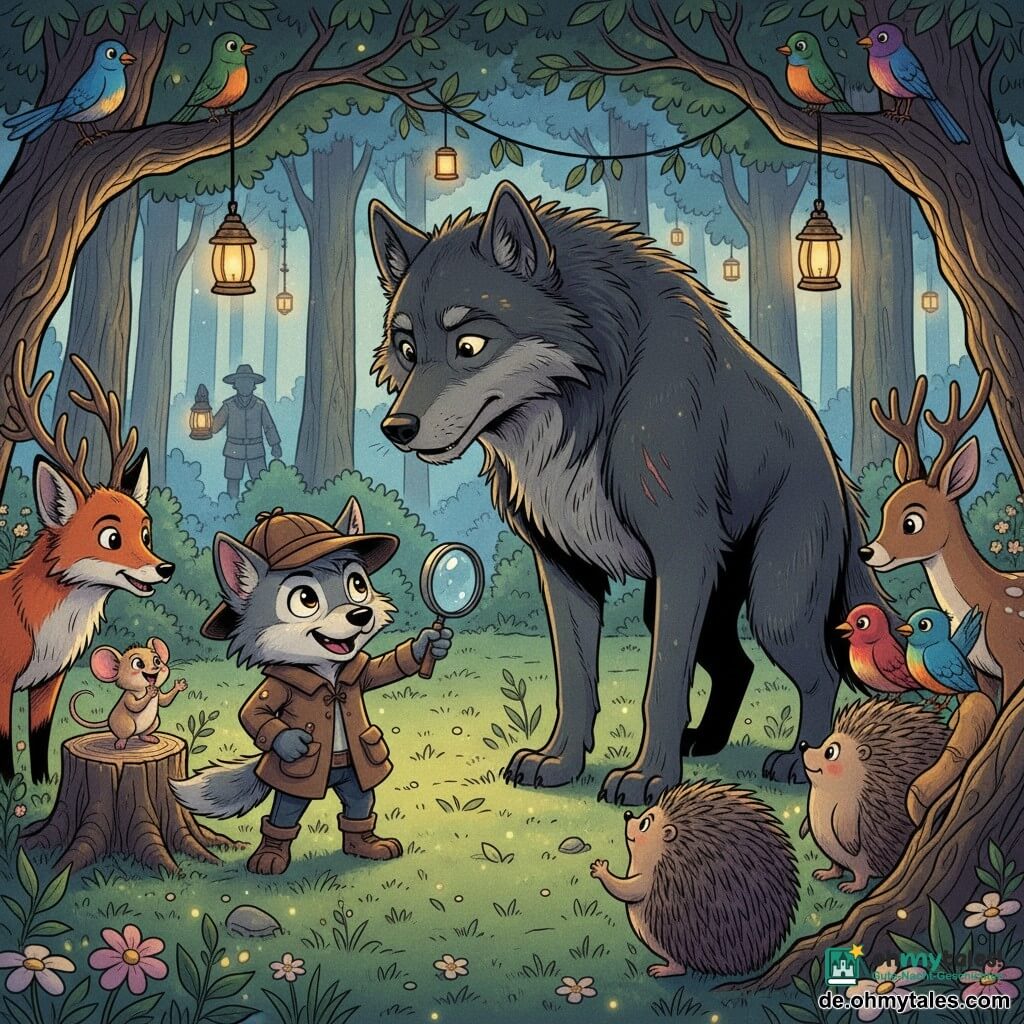 Kleiner Wolf Detektiv, Hauptfigur: kleiner grauer flauschiger Wolf mit großen wachen Augen, braunem Mantel, Abenteuerhut und Lupe, steht entschlossen lächelnd und stellt den großen Wolf den anderen Tieren vor; Großer Wolf, Nebenfigur: imposant aber friedlich, dunkles Fell mit einigen Narben, demütige Haltung, dankbarer Blick; Kleine Maus Matilda: winzig, beige, erstaunt-fröhlich, auf einem nahe Stamm und klatscht; Waldtiere im Halbkreis: roter Fuchs, gefleckte Rehkuh, runder Igel, bunte Vögel, zuerst misstrauisch dann beruhigt; Unscharfer Hintergrund: zwei Jäger mit erloschenen Laternen als entfernte, nicht bedrohliche Silhouetten; Ort: Waldlichtung bei Dämmerung mit taugrünem Gras, leuchtenden Blumen, knorrigen Bäumen und hängenden Blattgirlanden und Laternen; Hauptsituation: Versöhnungs- und Festszene, warme farbenfrohe Stimmung, sanfter Kontrast zur entfernten Jäger-Silhouette; Grafikstil: klare Strichführung im amerikanischen Comicstil, stark gesättigte Farben, tuscheartige Texturen, ausdrucksvolle Gesichter, lesbare Silhouetten, zentrierte Komposition auf die beiden Wölfe.