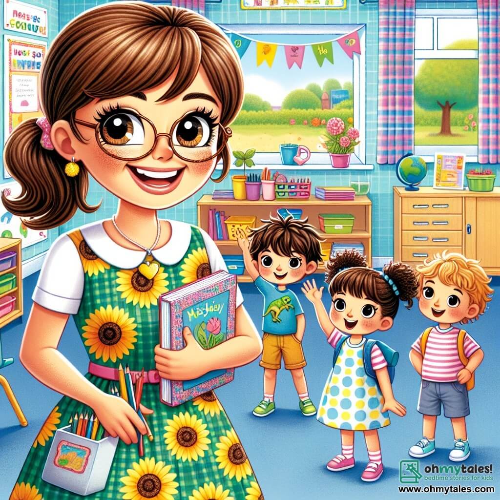 A smiling teacher, Miss Daisy, stands in the center of her bright classroom, wearing a dress with yellow and green sunflower patterns. She has brown hair tied in a ponytail, and her eyes sparkle with excitement and kindness. She holds a colorful storybook in one hand and multicolored crayons in the other, ready to welcome her students. To her right, Max, an 8-year-old boy with round glasses and messy hair, looks at Miss Daisy in awe. He wears a blue t-shirt with a dinosaur print and holds a small notebook where he draws dinosaurs. To Miss Daisy's left, Sara, a 7-year-old girl with curly hair and pink glasses, raises her hand enthusiastically, ready to ask a question. She wears a polka-dot dress and has a curious smile on her face. The classroom is decorated with children's drawings on the walls, with windows letting in sunlight, and colorful wooden desks arranged in a semicircle. The main scene shows Miss Daisy surrounded by her students, ready to start her first lesson, while excitement and curiosity fill the air, creating a joyful and welcoming atmosphere.