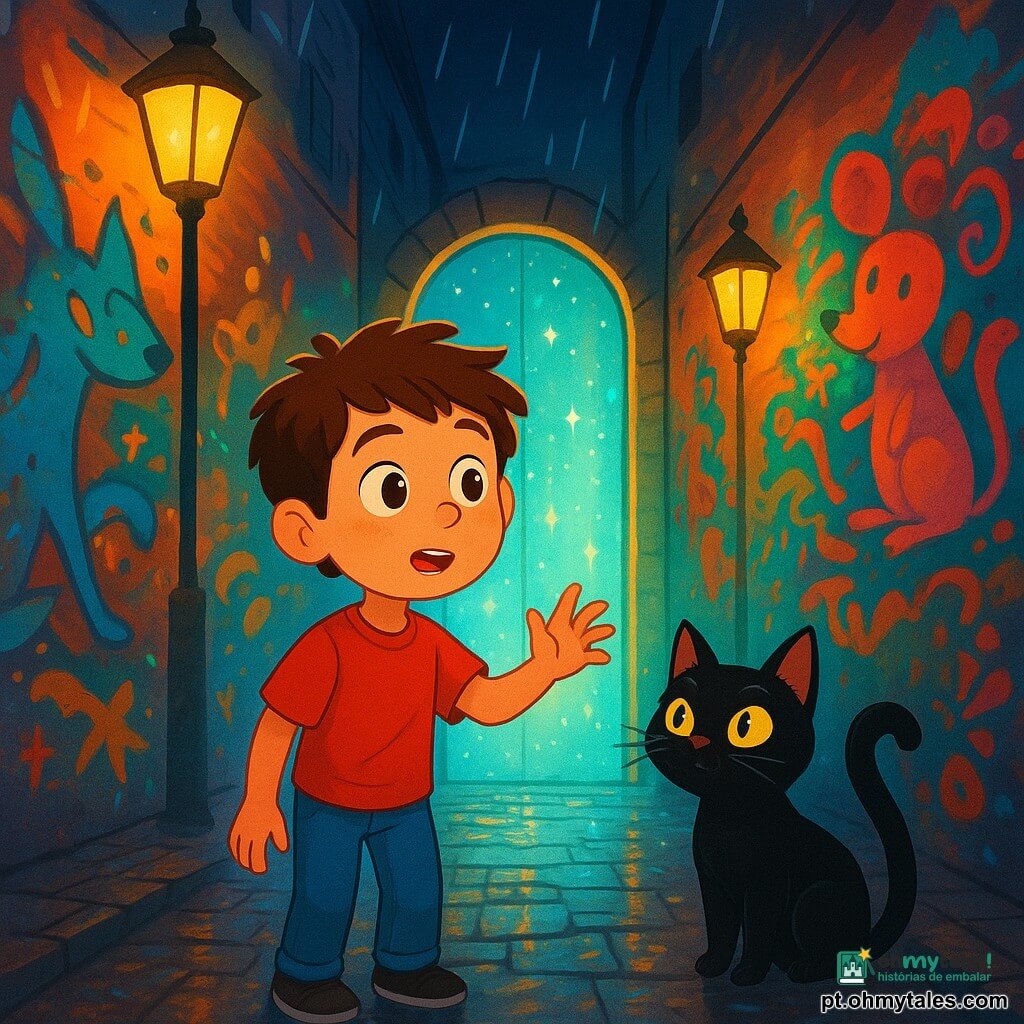 Um garoto de 8 anos, chamado Pedro, com cabelos castanhos bagunçados e olhos cheios de curiosidade, está no centro de um beco misterioso. Seu rosto expressa admiração, com as bochechas levemente rosadas, enquanto ele observa uma porta de vidro cintilante. Ao lado dele, uma gata preta de olhos dourados, com pelagem brilhante, está com uma atitude travessa, como se soubesse um segredo. O beco é estreito, cercado por muros cobertos de grafites coloridos, onde animais fantásticos parecem dançar sob a luz dos lampiões. Gotas de chuva começam a cair, criando reflexos brilhantes no pavimento. Pedro, fascinado, estende a mão em direção à porta de vidro, pronto para descobrir o mistério que o aguarda atrás dela.