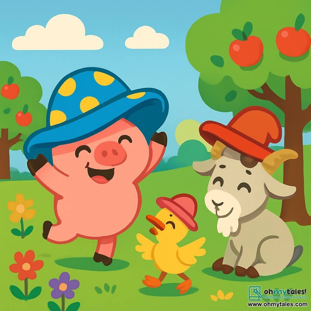 A round and cheerful pink pig named Ollie, with a big smile and sparkling eyes, wears a huge blue polka-dot hat that falls over his eyes. He is dancing in the green grass, surrounded by colorful flowers. Next to him, a small yellow canary named Daisy, with shiny feathers and a little pink hat slipping off her head, quacks joyfully while flapping her wings. A sleeping goat named Max, with soft fur and curved horns, wears a large red hat tilted to one side, sitting under an apple tree, a bit apart but smiling at his friends. The scene takes place in a sunny field, with fruit trees in the background, fluffy clouds in a light blue sky, and farm animals watching them with amusement. The three friends enjoy trying on funny hats, laughing and playing together in a joyful and festive atmosphere.