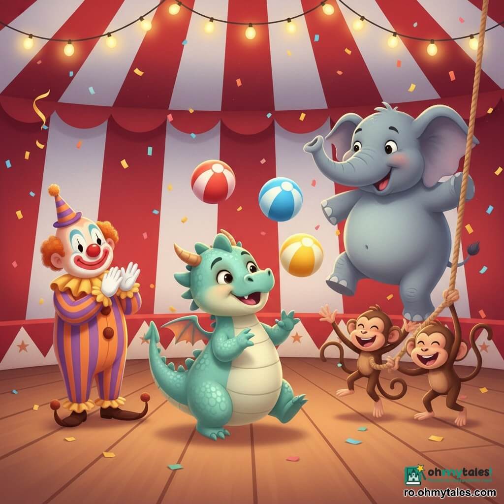 Mic dragon Pufy rotund cu aripi pufoase și solzi pastel albastru‑verzui jonglează stângaci cu trei mingi mari colorate în centru; clovnul Bobo cu nas roșu și zâmbet aplaudă în stânga; elefantul Jumbo, mare și dolofan, face un pas de dans în fundal; trei maimuțe brune prind o minge legănându-se pe o frânghie; cort de circ cu dungi roșii și albe, podea din lemn, ghirlande luminoase și confetti; scenă comică și luminoasă, haos vesel, culori vii și atmosferă caldă.