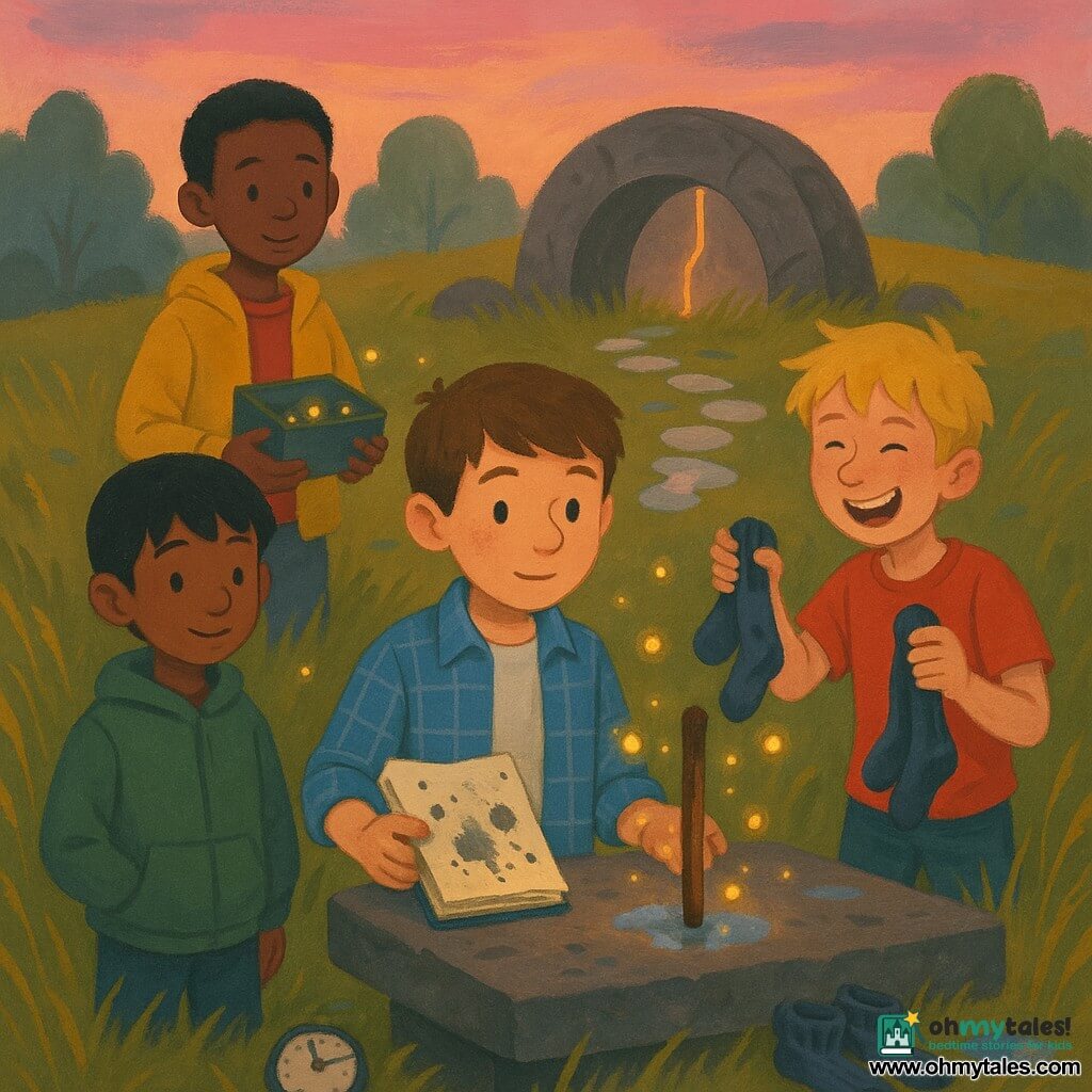 Four boys—Milo (≈11, short brown hair, blue plaid shirt) at the center holding a wet notebook with dried black ink spots, Jasper (≈11, tousled blond, red tee) to his right laughing and pointing to a pair of wet socks on the grass, Theo (≈11, slick black hair, green sweatshirt) to his left with hands in his pockets and a small smile, and Arun (≈11, curly hair, yellow jacket) behind Milo holding an open box of glowing fireflies—stand on a grassy hill at sunset before a half-buried stone arch with a thin luminous crack; Milo watches fireflies floating around a rusty iron bar on a stone table, a small clock without hands lies nearby, golden sunset light contrasts with the fireflies’ glow, damp atmosphere with reflective puddles and a few white stones leading into soft-shaped trees.