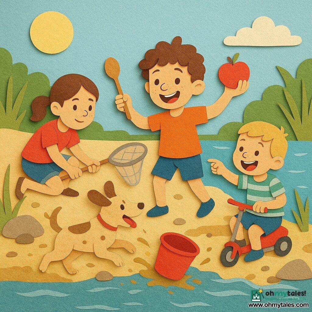 A mischievous 6-year-old boy with curly brown hair and freckles holds a wooden spoon like a stick and proudly brandishes a red apple; to his left his serious-but-smiling 7-year-old sister with chestnut hair in a ponytail, wearing jean shorts, crouches at the shore with a butterfly net trying to retrieve a fallen red bucket; to his right their joyful chubby 3-year-old little brother with short blond hair in a striped tee pushes a small scooter while laughing and pointing at the floating bucket; a playful medium-sized beige-spotted dog named Daisy, tongue out, knocks over buckets and tries to grab the apple; sunny riverbank with pale sand, rounded rocks, tall grass and a flat stone where three stacked buckets (green, yellow, red) topple, with splashes and brown mud; scene shows a traffic-light game—red bucket in the water, apple standing in for the bucket, children laughing in a colorful, dynamic mess; visual style: paper-cut shapes, bright colors and paper textures, soft outlines, delicate shadows and exaggerated joyful expressions.