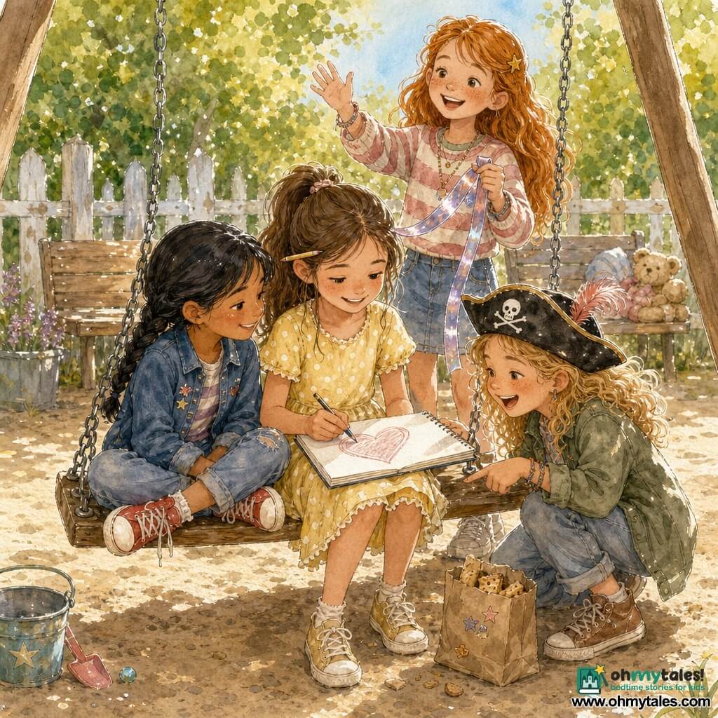 Four girls, about 9 years old, sit and stand around a wooden swing on a sunny playground: a brown-haired girl with a ponytail and a pencil behind her ear wears a pale yellow polka-dot dress and sits center on the swing drawing a large heart in an open notebook; a tan-skinned girl with braided black hair, a blue jacket and red sneakers sits left, smiling at the page with legs crossed on the swing; a curly blond girl in a felt pirate hat and green jacket crouches right, laughing and pointing at a small paper bag of snacks; a freckled redhead in a denim skirt and striped sweater stands behind the swings holding a shiny ribbon and waving as if directing the "meeting"; the scene is warm and intimate on sandy textured ground with green trees, a slightly worn white fence and wooden benches in the background, pastel watercolor palette with gel-pen highlights, snacks and notebook crumbs adding playful detail as they plan a Father's Day celebration.