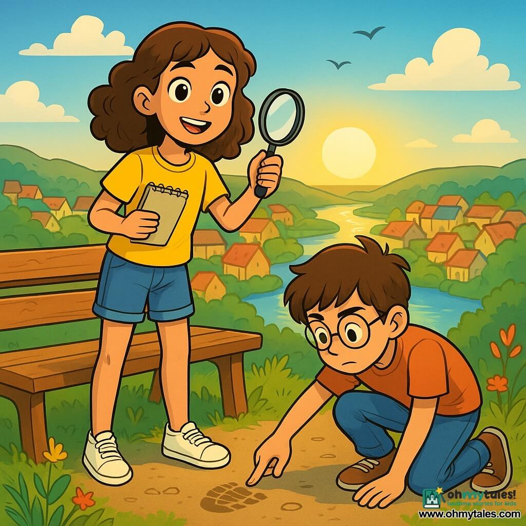 A 12-year-old girl, Ivy, stands on a wooden bench, her eyes shining with curiosity and excitement. She has curly brown hair, a bright yellow t-shirt, and denim shorts, holding a magnifying glass in one hand and a notebook in the other, ready to solve a mystery. Next to her, her friend Noah, also 12, with round glasses and messy brown hair, closely examines a shoe print in the ground, leaning forward with a focused expression. Their setting is a lookout over a picturesque small town, with colorful tiled roofs and a sparkling river below, bathed in the golden light of the setting sun. Wildflowers grow around the bench, adding splashes of color to the scene. Ivy and Noah are investigating clues to solve the mystery of the missing binoculars, surrounded by an atmosphere of adventure and camaraderie, with birds singing in the blue sky.