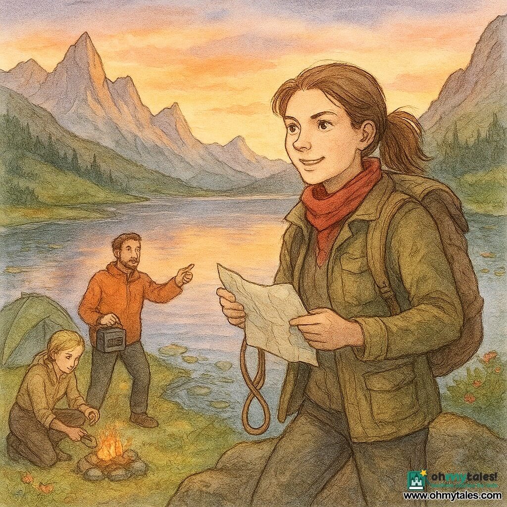 A determined woman, Emma, with bright eyes, a confident smile, chestnut hair in a ponytail, worn khaki jacket, red scarf and canvas backpack, crouches on a rock by a mountain mirror lake holding a crumpled map and coiling a rope while setting a small radio; below at the camp near a green tent a man in his mid-30s with a short beard and orange jacket gestures toward her holding a handheld radio, and to his left a woman in her early 30s with a blonde braid and muddy hiking boots cleans a compass beside a small campfire; the scene shows lily pads, mossy stumps, a clear stream from a flower-filled valley and jagged peaks at sunset with orange and violet skies reflected in the water.