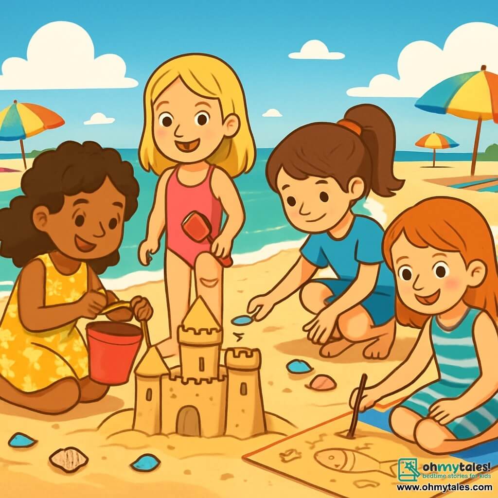 There are four children: Ellie, a 10-year-old girl with curly brown hair wearing a yellow flowered dress, sitting on the sand with a bucket, building a sandcastle; Mia, a 10-year-old girl with straight blonde hair in a pink swimsuit, standing next to Ellie with a shovel and smiling enthusiastically; Sophie, a 10-year-old girl with brown hair in a ponytail, wearing denim shorts and a blue t-shirt, crouching down to pick up seashells on the shore; and Ava, a 10-year-old girl with red hair and freckles in a striped dress, sitting on a beach towel drawing fish in the sand with a stick. The main setting is a sunny beach with turquoise waves gently crashing on the shore, a bright blue sky dotted with fluffy white clouds, and colorful umbrellas and beach towels scattered on the golden sand, creating a joyful summer atmosphere. The main scene shows the four friends having fun together at the beach, building a large sandcastle, laughing, sharing seashells, and enjoying the warmth of the sun and the sea breeze.