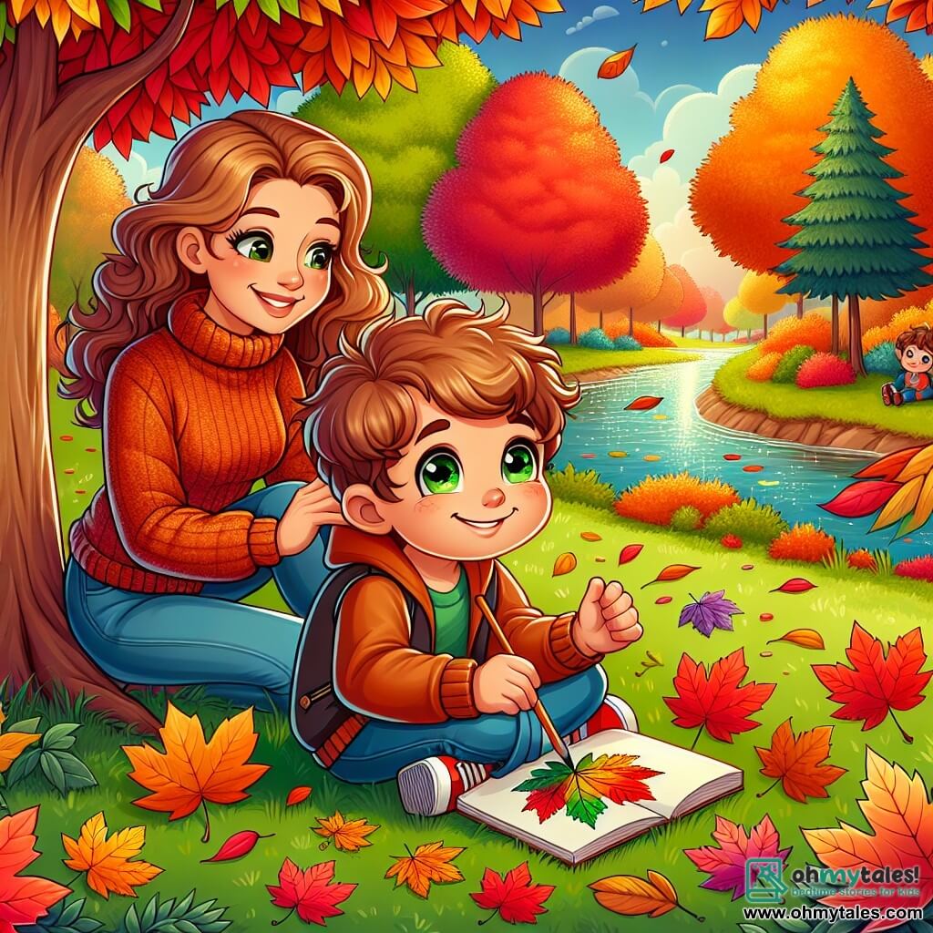A 10-year-old boy, Tommy, with curly brown hair and sparkling green eyes full of curiosity, sits on the grass surrounded by colorful autumn leaves. He joyfully smiles while holding a sketchbook in his hands, where he draws brightly colored leaves. Next to him, his mother, a woman about 35 with long brown hair and a warm smile, proudly watches him. She is wearing an orange wool sweater and holding a cup of hot chocolate, enjoying the moment together. The setting is a park in autumn, with majestic trees displaying vibrant red, orange, and yellow leaves. The ground is covered with a carpet of crunchy leaves, and a small pond sparkles in the distance, reflecting the light blue sky. The main scene shows Tommy drawing leaves while marveling at the beauty of nature, as his mother encourages him, creating a warm and joyful atmosphere filled with discovery and laughter.