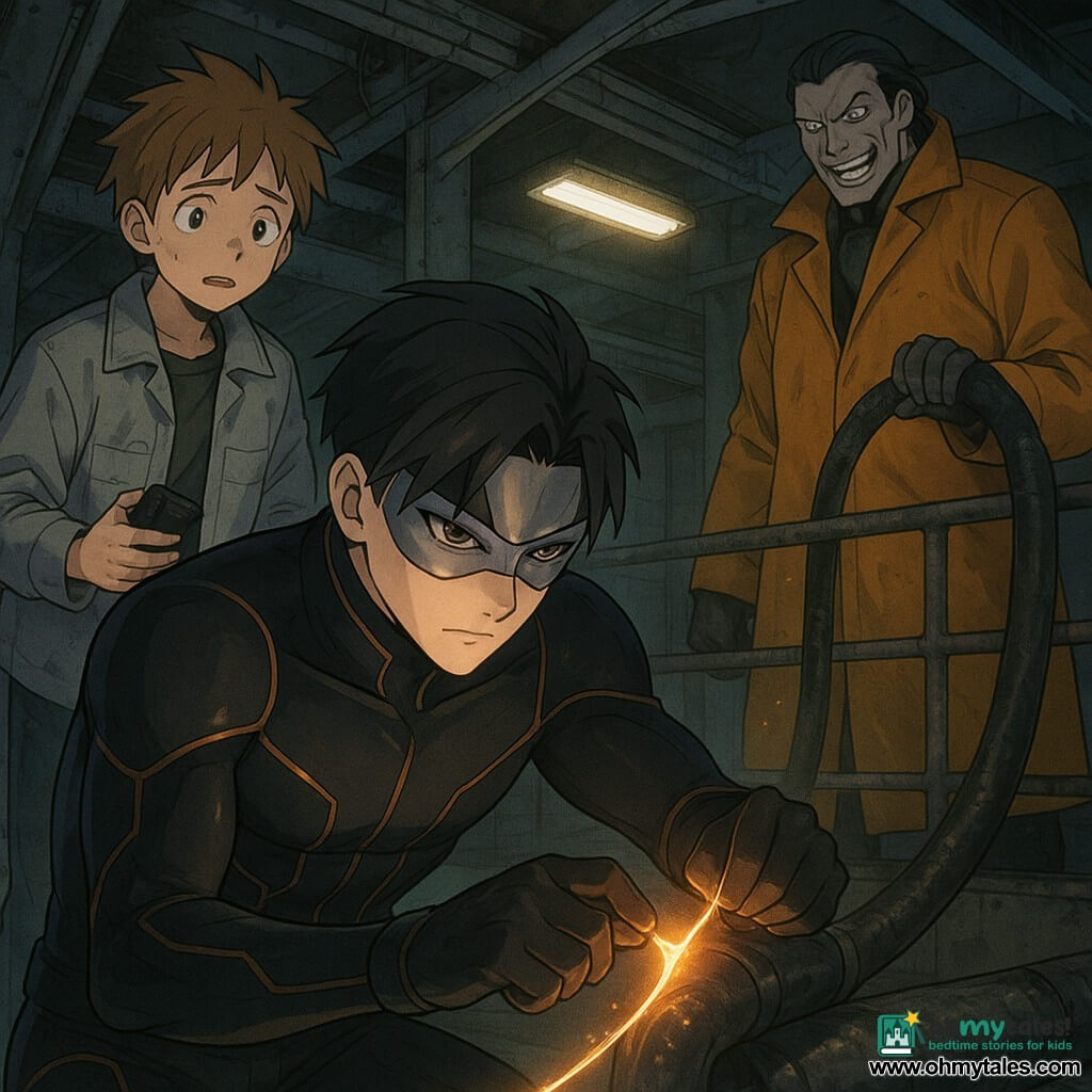 A heroic man, Vesper Quill, calm and focused with a determined face and eyes behind a silver half‑mask, in a matte black suit with thin copper lines, weaves a glowing golden filament (Solar Thread) with gloved hands to seal a dark pipe, low and tense as the light casts copper highlights on his face; a pale, relieved 13‑year‑old boy, Kellan, with light brown spiky hair and an oversized maintenance jacket stands just behind him holding a small black charger stained with gel; in the background right, the antagonist Drip Regent, tall in a glossy salmon‑yellow raincoat with a disheveled angry smile, holds a thick pipe leaking dark viscous substance but remains distant; the setting is a hopper under a city bridge with rusted gray beams, pipes, a narrow platform and flickering fluorescents, damp but safe; the scene emphasizes Vesper carefully repairing the line with the light ribbon that solidifies the gel, strong contrast between warm filament light and cold tunnel shadow, dynamic diagonal composition, teamwork and controlled tension, clean manga style with crisp lines, saturated child‑friendly colors and cinematic lighting, no graphic violence.