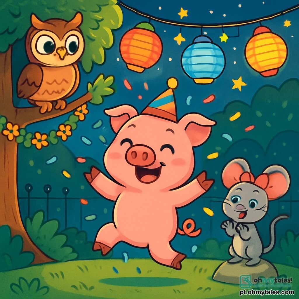 Um porquinho rosa, com olhos brilhantes de alegria e um sorriso radiante, dança no centro de uma praça iluminada por lanternas coloridas. Ele usa um pequeno chapéu festivo e confetes voam ao seu redor enquanto ele salta alegremente na grama verde. À sua direita, um ratinho cinza, com grandes orelhas e um laço vermelho na cabeça, aplaude entusiasticamente, seus olhos brilhando de felicidade. Ele está em cima de uma pedrinha, incentivando seu amigo com um grande sorriso. À esquerda, uma coruja sábia com penas marrons, empoleirada em um galho, observa a cena com um olhar divertido, seus olhos redondos e curiosos brilhando sob as luzes. A praça é decorada com guirlandas de flores e lanternas cintilantes, com uma grande árvore no centro, suas ramas carregadas de enfeites coloridos. Estrelas brilham no céu noturno, adicionando um toque mágico à atmosfera festiva. A cena principal mostra o porquinho e seus amigos celebrando juntos o Ano Novo, dançando e rindo, cercados por cores vibrantes e alegria, criando uma atmosfera de festa calorosa e alegre.