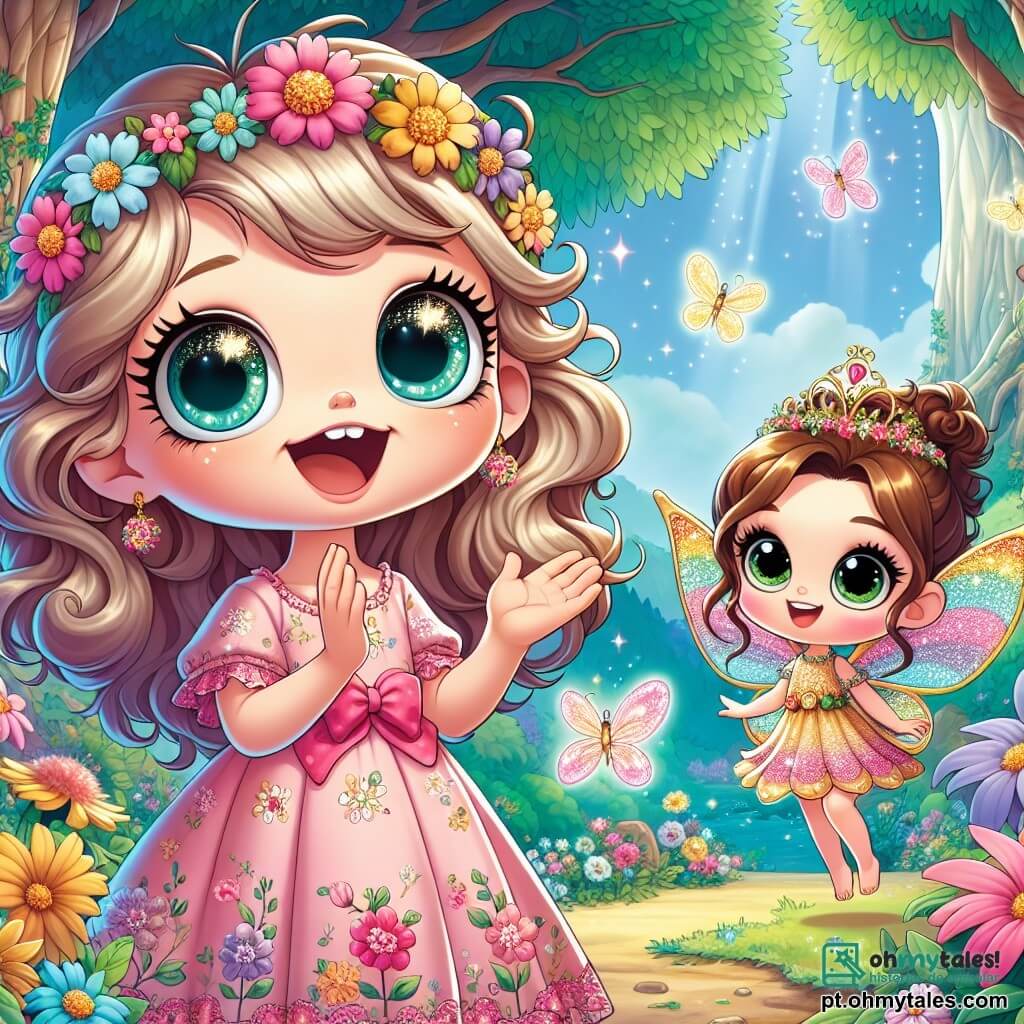 Uma menina de 6 anos, chamada Lila, está no centro da imagem, com grandes olhos brilhantes e um sorriso radiante. Ela tem cabelos cacheados de cor castanho claro, adornados com uma pequena coroa de flores coloridas. Vestindo um vestido rosa com padrões de flores, ela parece cheia de excitação e curiosidade, levantando os braços como se tivesse descoberto um tesouro. Ao seu lado, uma pequena fada chamada Brilho, que mede cerca de 15 cm, flutua no ar. Ela tem asas cintilantes e cabelos dourados, usando um vestido feito de pétalas de flores. Brilho sorri alegremente, segurando uma pequena varinha mágica que emite faíscas luminosas. O ambiente é uma ilha encantada, com árvores majestosas e folhas verdes brilhantes. Flores multicoloridas crescem por toda parte, e um céu azul claro é salpicado de nuvens brancas fofas. Ao longe, vê-se uma caverna misteriosa iluminada por luzes dançantes. A cena principal mostra Lila e Brilho diante de um grande portal de pedra, decorado com padrões florais e enigmas dourados. Lila, determinada, está resolvendo o enigma para entrar na floresta mágica em busca da Pedra do Coração.
