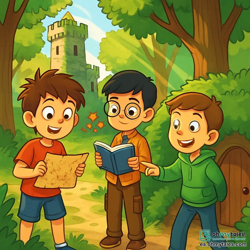 Hay 3 personajes: - Lucas: Un niño de 10 años, con el cabello castaño desordenado y ojos brillantes de curiosidad. Lleva una camiseta roja y un pantalón corto azul, y sostiene un viejo trozo de mapa del tesoro en sus manos. - Mateo: Un niño de 10 años, con el cabello negro y liso, que usa gafas redondas. Lleva una camisa de cuadros y un pantalón cargo, y mira atentamente un cuaderno que sostiene. - Andrés: Un niño de 10 años, con cabello castaño y una gran sonrisa. Lleva una sudadera verde y jeans, y está señalando una puerta secreta oculta detrás de unos arbustos. El lugar se desarrolla en un claro del bosque, rodeado de majestuosos árboles con hojas verdes brillantes. En el centro, un pequeño castillo de piedra cubierto de hiedra se alza orgulloso, con flores coloridas creciendo a su alrededor. La luz del sol filtra a través de las ramas, creando sombras danzantes en el suelo. La situación principal muestra a los tres amigos, asombrados, descubriendo una puerta secreta camuflada en la colina, con sus rostros iluminados por la emoción de la aventura. Los detalles de la escena evocan un sentimiento de misterio y magia, con rayos de luz que destacan su descubrimiento.