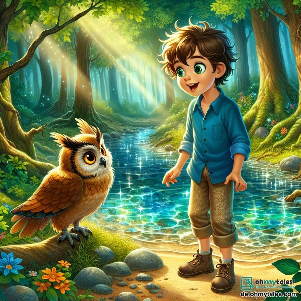 Ein 12-jähriger Junge namens Emil steht am Ufer eines klaren Baches in einem verwunschenen Wald. Er hat unordentliche kastanienbraune Haare, neugierige leuchtende Augen und trägt ein blaues Hemd mit einer Stoffhose. Sein Gesicht drückt Staunen und Aufregung aus, während er die glitzernden Reflexionen des Wassers beobachtet. Neben ihm sitzt eine majestätische Eule mit goldenen Federn, die weise Eule der Gerechtigkeit, auf einem niedrigen Ast. Sie hat große, durchdringende Augen und wirkt aufmerksam, bereit, ihre Weisheit mit Emil zu teilen. Im Hintergrund ist der Wald dicht und lebendig, mit dicken Baumstämmen, smaragdgrünen Blättern und bunten Blumen, die den Boden bedecken. Das Sonnenlicht filtert durch die Äste und schafft ein Spiel von Schatten und Licht auf dem weichen Boden. Emil steht vor dem Bach, bereit, der Eule eine wichtige Frage zu stellen und Antworten über Gerechtigkeit und Freiheit zu suchen. Die Atmosphäre ist magisch, erfüllt von einer sanften Melodie der Natur, die zum Nachdenken und Abenteuer einlädt.