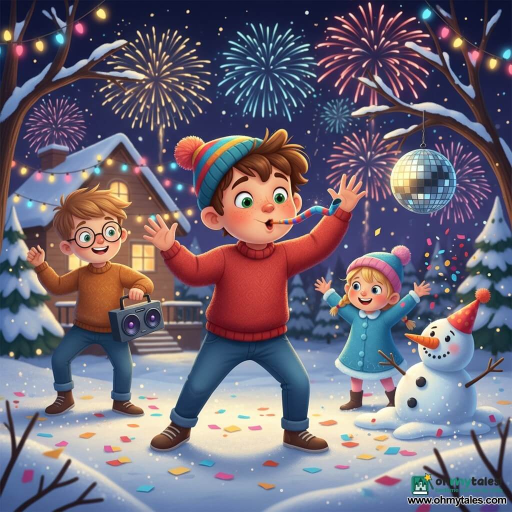 A joyful 10-year-old boy with a round freckled face, tousled brown hair and bright green eyes wears a red sweater, jeans and a colorful beanie while blowing a party whistle and dancing in the snowy backyard foreground; an 11-year-old friend with chestnut hair and round glasses dances left holding a portable speaker, and a small 7-year-old girl with braided blonde hair, rosy cheeks and a blue winter dress with a pompom hat throws confetti near a comically collapsing snowman wearing a red party hat and crooked carrot nose; the scene is a New Year’s countdown celebration with multicolored garlands and warm lights on the house, a silver disco ball in a tree, sparkling snow and confetti on the ground, colorful fireworks in the night sky, glitter falling like snow, saturated palette, smooth textures, soft shadows and reflections on the disco ball, composition centered on the 10-year-old boy.