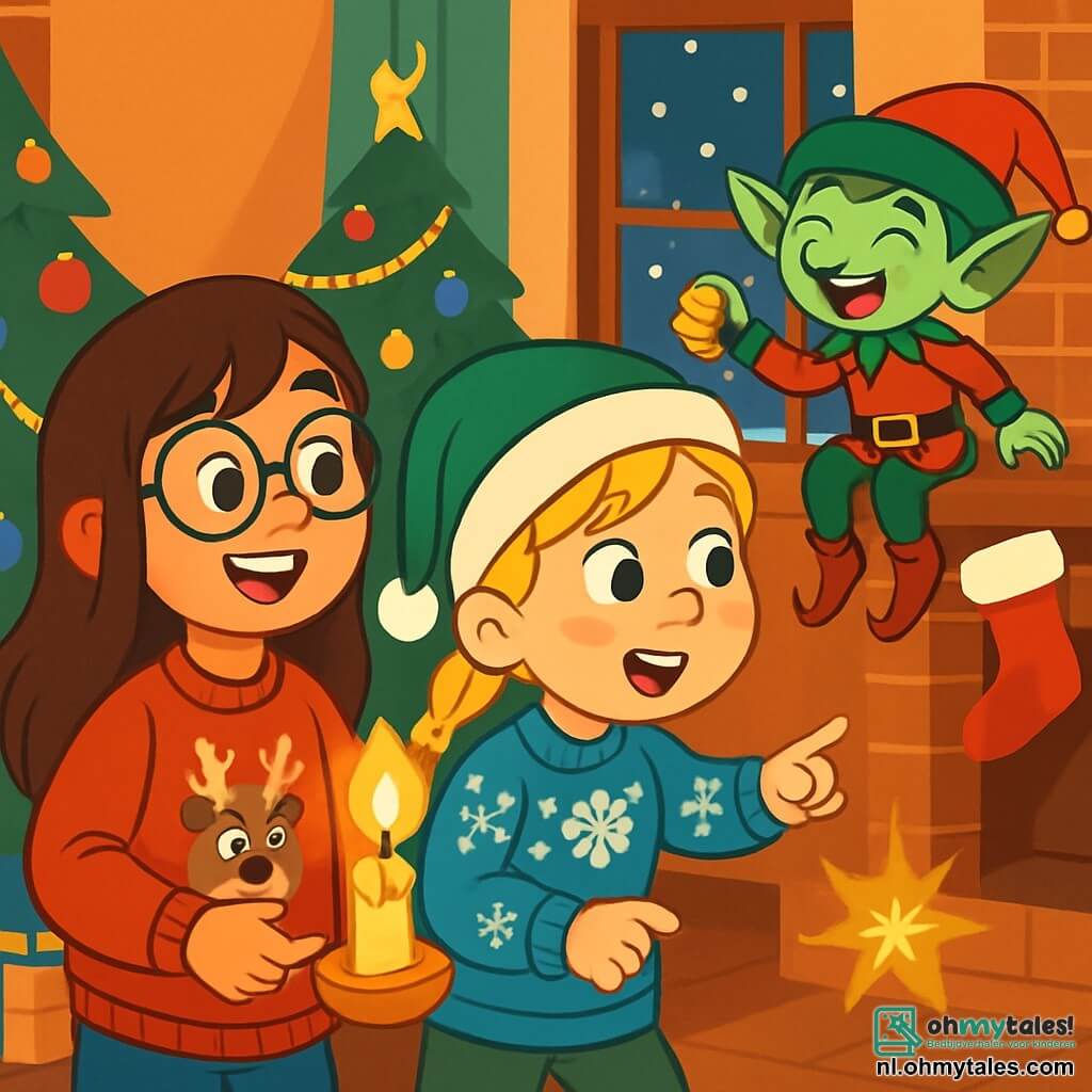 Er zijn 3 personages: - Noor: een 9-jarig meisje met lange bruine haren en ronde bril. Ze draagt een rode kersttrui met een rendier en glimlacht vrolijk. Ze staat links met een brandende kaars. - Lotte: een 9-jarig meisje met blonde vlechten en roze wangen. Ze draagt een groene kerstmuts en een trui met sneeuwvlokpatronen. Ze staat in het midden en kijkt enthousiast naar Noor. - Finn: een ondeugende elf, klein en speels, met groene huid en puntige oren. Hij draagt een rood en groene kostuum met een gouden riem. Hij zit op de vensterbank, lachend en zwaaiend met een kleine bel. De locatie is een gezellige woonkamer versierd voor kerst. Een groot raam laat zacht licht binnen van de vallende sneeuw. Een prachtige kerstboom straalt in het midden, versierd met glinsterende slingers en kleurrijke ballen. Cadeaus liggen verspreid rond de boom, en kerstkousen hangen aan de open haard. De belangrijkste situatie toont Noor en Lotte, verwonderd, terwijl ze op zoek zijn naar cadeaus verstopt door Finn, de ondeugende elf. Noor verlicht de kamer met haar kaars, terwijl Lotte naar een glinsterend spoor wijst bij de open haard. Finn, de elf, kijkt hen met een grote glimlach toe, klaar om hen een nieuwe uitdaging te geven.