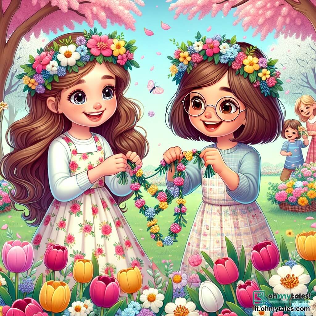 Una ragazza di 12 anni, Sofia, con lunghi capelli castani ondulati e occhi pieni di curiosità, sta creando una ghirlanda di fiori colorati. Indossa un vestito leggero a fiori e un sorriso radioso illumina il suo viso, mostrando il suo entusiasmo per la primavera. Accanto a lei, la sua migliore amica Giulia, anch'essa di 12 anni, con capelli biondi corti e occhiali rotondi, la aiuta tenendo fiori tra le mani, ridendo gioiosamente. L'ambiente è un parco vibrante di colori, pieno di tulipani, alberi in fiore e famiglie che si riuniscono per celebrare il Festival della Primavera. Il cielo è blu brillante, punteggiato di nuvole bianche, mentre gli uccelli cantano felici tra i rami. La scena principale mostra Sofia e Giulia, circondate da fiori, mentre intrecciano insieme una ghirlanda, simboleggiando la loro amicizia e la bellezza della stagione primaverile.
