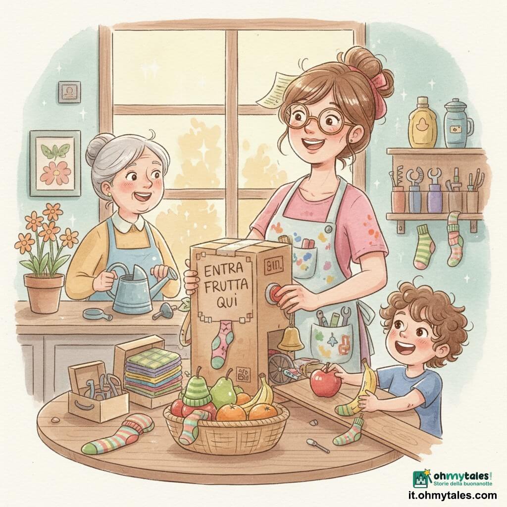 Ada, inventrice sorridente e sognante, capelli castani raccolti con una molletta e un foglio dietro l’orecchio, tiene un cartone decorato “ENTRA FRUTTA QUI” e preme un grosso pulsante rosso; indossa un grembiule macchiato di vernice, occhiali tondi storti, tasche piene di attrezzi e calzini colorati. Accanto a lei, a destra, Leo, bimbo di circa 6 anni coi ricci e gli occhi vivaci, ride mentre spinge una mela su una tavola; a sinistra, la signora Lidia, circa 60 anni, capelli grigi raccolti in uno chignon e un annaffiatoio in mano, osserva vicino ai vasetti di fiori. L’officina è piccola e luminosa davanti a una finestra: tavolo rotondo di legno con tovaglia a quadretti, scatole di strumenti, pila di calzini multicolori, una campanellina sul cartone e un cesto di frutta vivace. La scena mostra una “macchina per mettere i calzini sulla frutta”: cartone artigianale, una ruota, un elastico che tira, calzini che si infilano in modo comico su frutti che escono come con cappelli o sciarpe. Atmosfera calda, colori pastello acquosi, texture morbide, espressioni gioiose e gesti esagerati, luce soffusa di tarda pomeriggio.