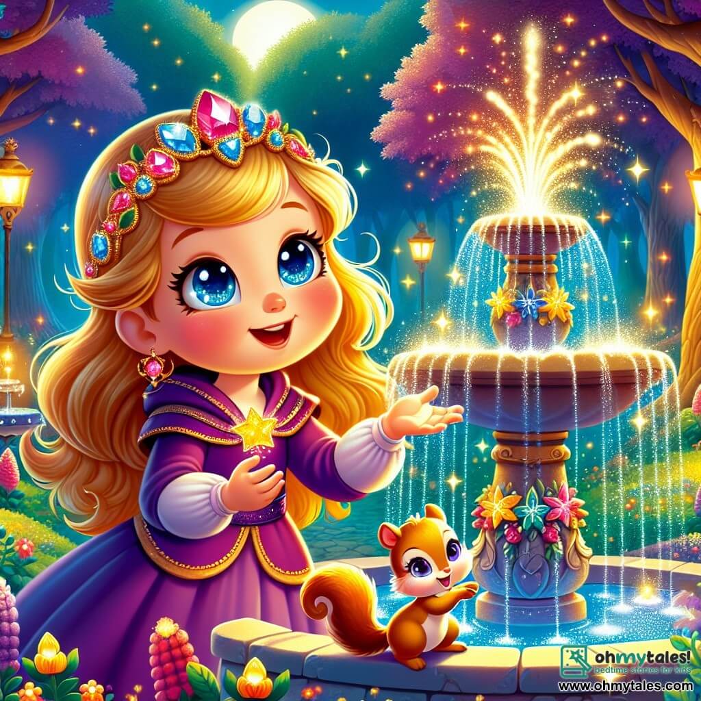 A young girl named Lila, with eyes shining like stars and golden hair, stands by a magical fountain. She has a delighted smile and rosy cheeks, her arms open as if embracing magic. Beside her, a small squirrel with sparkling eyes and a bushy tail joyfully dances on a stone, adding life to the scene. The setting is an enchanted glade, surrounded by majestic trees with shimmering leaves, where colorful flowers bloom under the soft moonlight. The fountain, at the center, is adorned with gemstones that shine like stars, and the water that flows from it is a bright blue, illuminating the surroundings. Lila, full of hope, reaches out to the fountain's water, ready to unleash the dormant magic. The atmosphere is filled with vibrant colors and light, creating a sense of joy and wonder.