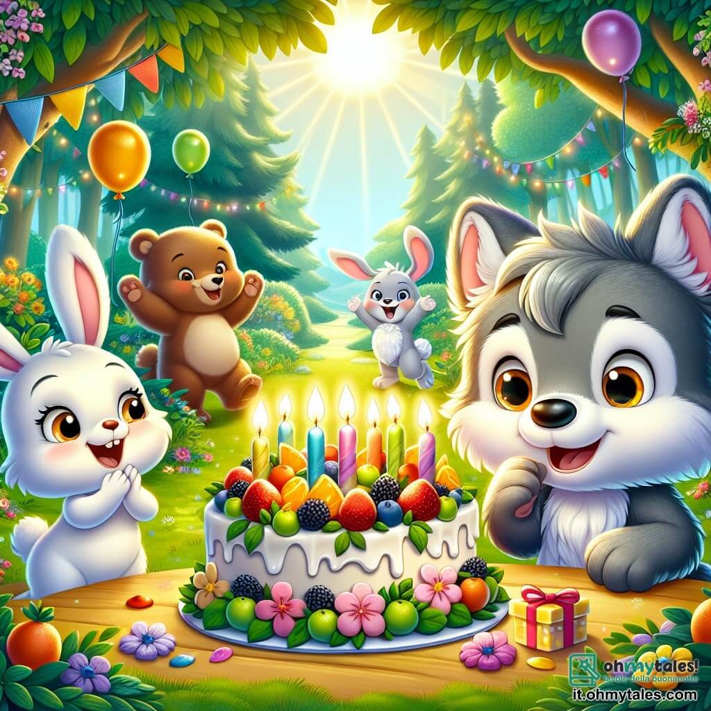 Al centro dell'immagine, un piccolo lupo di nome Lupoletto, con un morbido pelo grigio, occhi brillanti e un grande sorriso, soffia su cinque candeline di compleanno posate su una torta decorata con frutta colorata. Alla sua destra, un felice coniglietto di nome Briciola, con pelo bianco e grandi orecchie, applaude entusiasta, i suoi occhi brillano di gioia. A sinistra, l'orsetto Bruno, un orso bruno con un viso rotondo e amichevole, tiene un piccolo regalo tra le zampe, mostrando un sorriso orgoglioso e eccitato. Lo scenario si svolge in un parco incantato, pieno di alberi verdi, fiori vivaci e palloncini colorati che fluttuano nell'aria, creando un'atmosfera festosa. In secondo piano, i raggi di sole filtrano tra le foglie, illuminando la scena con una dolce luce dorata. La situazione principale mostra Lupoletto mentre esprime un desiderio prima di soffiare le candeline, circondato dai suoi amici, tutti ansiosi di festeggiare insieme il suo compleanno magico.