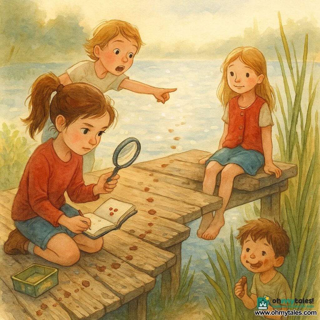 A focused 10-year-old girl, Millie, with brown hair in a ponytail kneeling on a weathered wooden dock, holding a shiny magnifying glass in one hand and an open sketchbook in the other; behind her, 10-year-old Ella, short blond hair, breathless and excited, points toward the dock edge at a trail of crumbs; about 11-year-old Sophie, long golden hair, smiling and a bit confused, wearing a red vest with two missing buttons, sits on the dock with her legs dangling over the water; Sophie’s ~5-year-old brother with a chocolate-sticky face hides in reeds near the shore holding a piece of wrapper. The setting is an old plank dock by a sparkling lake with tall grasses, green reeds, a leaning willow, mud traces, scattered brown crumbs and an open snack box on the wood. Main scene: Millie displays two small red buttons and follows a line of crumbs leading from the dock into the reeds where the chocolate-faced boy stands, childlike detective atmosphere, soft watercolor wash, warm golden evening light.