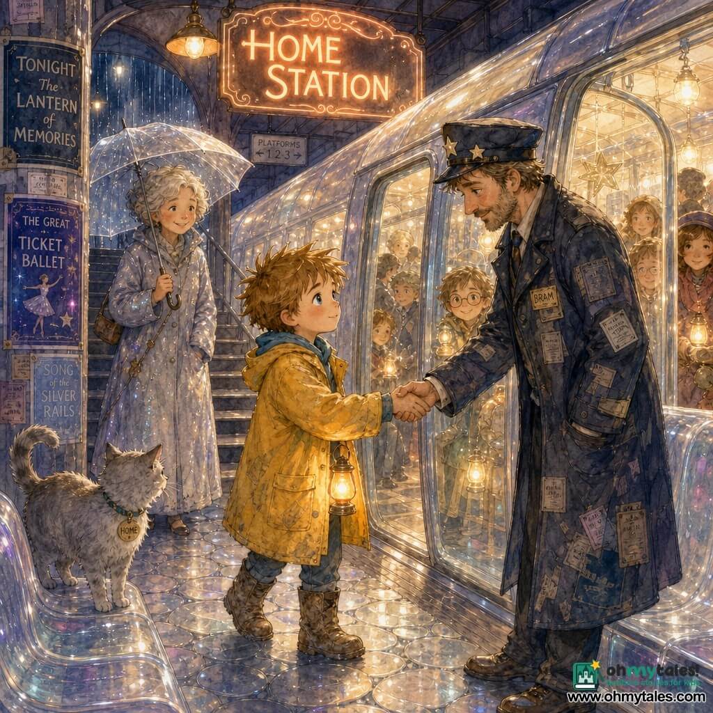 A gentle, determined 6-year-old boy with light chestnut spiky hair and large blue-green eyes, wearing an oversized yellow coat and muddy boots, holds a small orange lantern and walks on a pearly platform; Conductor Bram, about 40, kind but tired, in a coat patched with old tickets and a star cap, stands by the translucent subway door offering his hand; Mrs. Rill, a slim woman of about 60 in a shiny silver coat holding an intact umbrella, watches smiling from the top of a stair; a pale gray cat with a “HOME” tag walks on the translucent car seats with its tail raised; setting: a magical underground station with shimmering silver tiles, poster-wrapped columns, a warm “HOME STATION” sign, theater posters and hanging lamps creating a cozy neon-night atmosphere; main scene: the ghostly translucent train, its doors sighing open, carries glowing passengers holding small lights as the boy helps it find its stop, rain and reflections visible at the stair entrance.