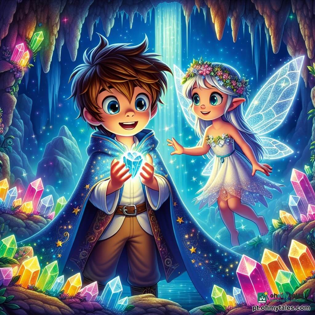 Um jovem feiticeiro chamado Oliver, com cerca de 10 anos, está no centro da cena, com cabelos castanhos bagunçados e um grande sorriso maravilhado. Ele usa uma capa azul celeste adornada com estrelas cintilantes e segura um cristal luminoso nas mãos, irradiando magia. Ao seu lado, uma delicada fada chamada Serenna, com asas prateadas e um vestido feito de pétalas de flores, flutua levemente acima do chão, com um olhar encorajador e benevolente. O cenário é uma caverna misteriosa, iluminada por cristais multicoloridos que brilham nas paredes, e uma cascata de água clara que flui suavemente ao fundo, criando uma atmosfera mágica e encantadora. A cena principal mostra Oliver se aproximando do Cristal da Amizade, pronto para tocá-lo, enquanto Serenna o observa com um sorriso cúmplice, cercados por uma aura de luz suave e calorosa.