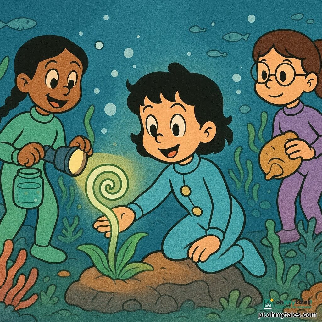 Há três meninas: Lia (~8 anos), cabelos curtos e negros em mechas rebeldes, olhos grandes e curiosos, veste uma roupa de mergulho azul celeste com botões amarelos, ajoelhada numa rocha subaquática no centro, estende a mão para uma planta espiral luminosa; Maya (~8 anos), cabelos longos trançados, tez morena, roupa de mergulho verde menta, à esquerda, sorri e segura um pequeno pote de vidro iluminado por uma lanterna estanque; Bia (~8 anos), cabelos castanhos presos, óculos redondos, roupa de mergulho lilás, à direita em segundo plano, calma e concentrada, usa uma concha para afastar areia. Local: jardim submerso perto de um recife de coral com rochas arredondadas, algas fluorescentes, anêmonas, cardumes de peixinhos prateados, bolhas luminosas e fundo azul profundo com brilhos prateados. Situação: as três descobrem a "Planta Purificadora", uma grande planta espiral que emite um brilho verde suave; trabalham juntas para testar e proteger a planta, a água vai clareando e partículas brilhantes se dissipam, criando uma atmosfera calorosa e de encanto.