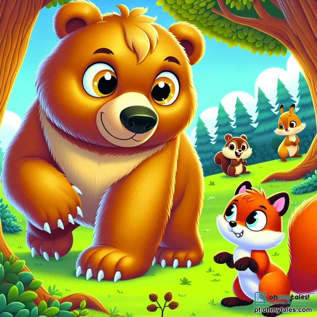 Um urso chamado Tobias, com um pelo dourado brilhante e olhos cheios de curiosidade, se posiciona corajosamente entre um pequeno esquilo chamado Chico, de olhos redondos e pelo marrom, e uma raposa astuta, com pelo ruivo e olhos maliciosos, pronta para se aproximar. Tobias tem uma expressão determinada, suas patas firmemente plantadas no chão, enquanto Chico, assustado, se esconde atrás dele, observando a raposa com preocupação. A cena acontece em uma clareira verdejante, cercada por árvores majestosas com folhas vibrantes, sob um céu azul pontilhado de nuvens brancas e fofas. No centro desta ilustração, Tobias defende corajosamente seu amigo Chico, pronto para protegê-lo das intenções traiçoeiras da raposa.