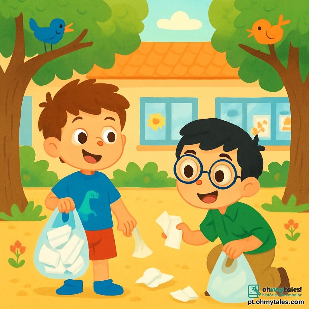 Há 2 personagens principais: - Lucas: um menino de 7 anos, com cabelos castanhos bagunçados e olhos brilhantes. Ele usa uma camiseta azul com um desenho de dinossauro e um short vermelho. Ele está à esquerda, sorrindo, com uma sacola de plástico cheia de papéis recicláveis. - Miguel: um menino de 7 anos, com cabelos pretos e óculos redondos. Ele veste uma camisa verde e uma calça bege. Ele está à direita, pegando um papel do chão, com um grande sorriso no rosto. O cenário é um pátio escolar ensolarado, cercado por grandes árvores com folhas verdes brilhantes. O chão é coberto de cascalho e algumas flores coloridas. Ao fundo, vê-se um prédio escolar com janelas iluminadas e desenhos de crianças pendurados nas paredes. A cena principal mostra Lucas e Miguel recolhendo papéis espalhados pelo chão. Eles estão alegres e determinados, com sacolas plásticas nas mãos, prontos para fazer a sua parte para ajudar o planeta. Pássaros cantam nas árvores, acrescentando uma atmosfera alegre à cena.