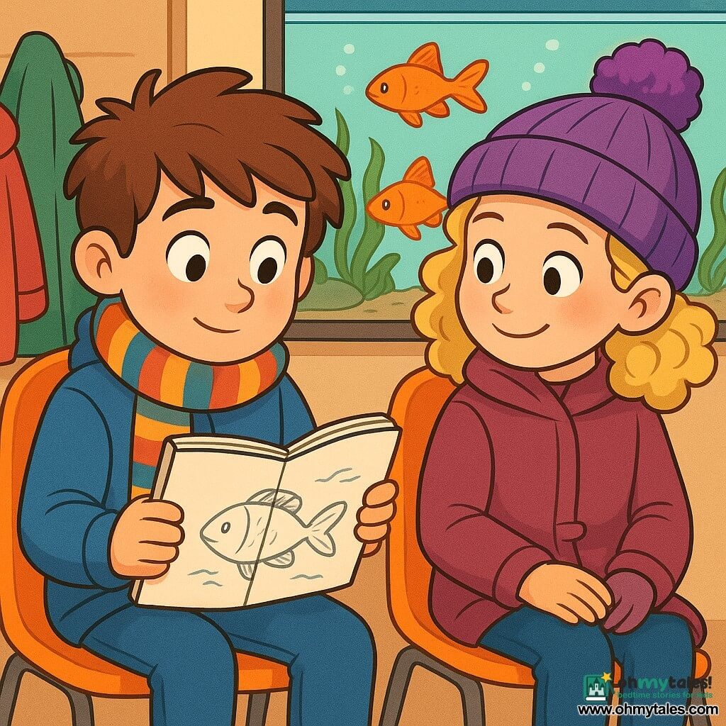 A 10-year-old boy, Noah, with tousled brown hair and cheeks rosy from the cold, is curiously looking at an open sketchbook in his hands. He is wearing a colorful striped scarf and a blue coat. Next to him, Mina, a 10-year-old girl with a purple pom-pom hat, is attentively observing Noah's drawing with an encouraging smile. Her curly blonde hair peeks out from her hat. They are in a cozy waiting room, with an aquarium filled with orange fish in the background, emitting a soft and soothing light. The main scene shows Noah and Mina sitting on plastic chairs, surrounded by colorful winter coats, while bubbles rise in the aquarium, creating a calm and reassuring atmosphere.
