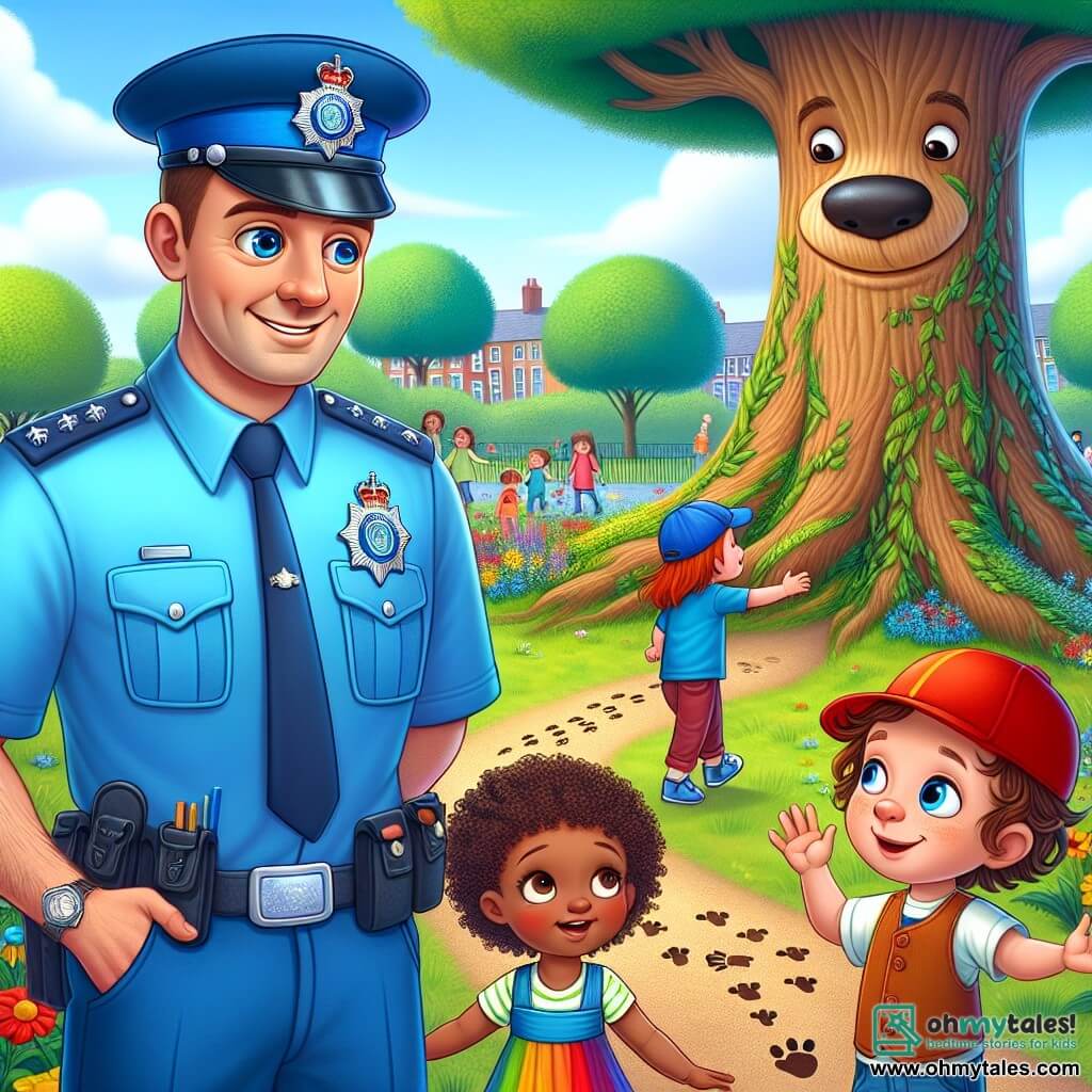 A smiling police officer in his thirties stands in the center of the image. He wears a bright blue uniform with a shiny badge on his chest. His friendly face has sparkling eyes and a wide smile as he crouches down to talk to children. To his right, Mia, an 8-year-old girl with curly hair in a colorful dress, raises her arms in excitement while pointing at a large tree. To his left, Tommy, a 9-year-old boy in a red cap, intently examines footprints on the ground, looking focused and curious. The scene is set in a sunny park filled with greenery, colorful flowers, and a majestic tree in the background. Children's laughter fills the air, and a small brown dog, Spot, is seen playing with a red ball nearby. The main situation shows the officer and the children engaged in a quest to find a lost red ball, creating a joyful and collaborative atmosphere that illustrates the spirit of adventure and friendship.