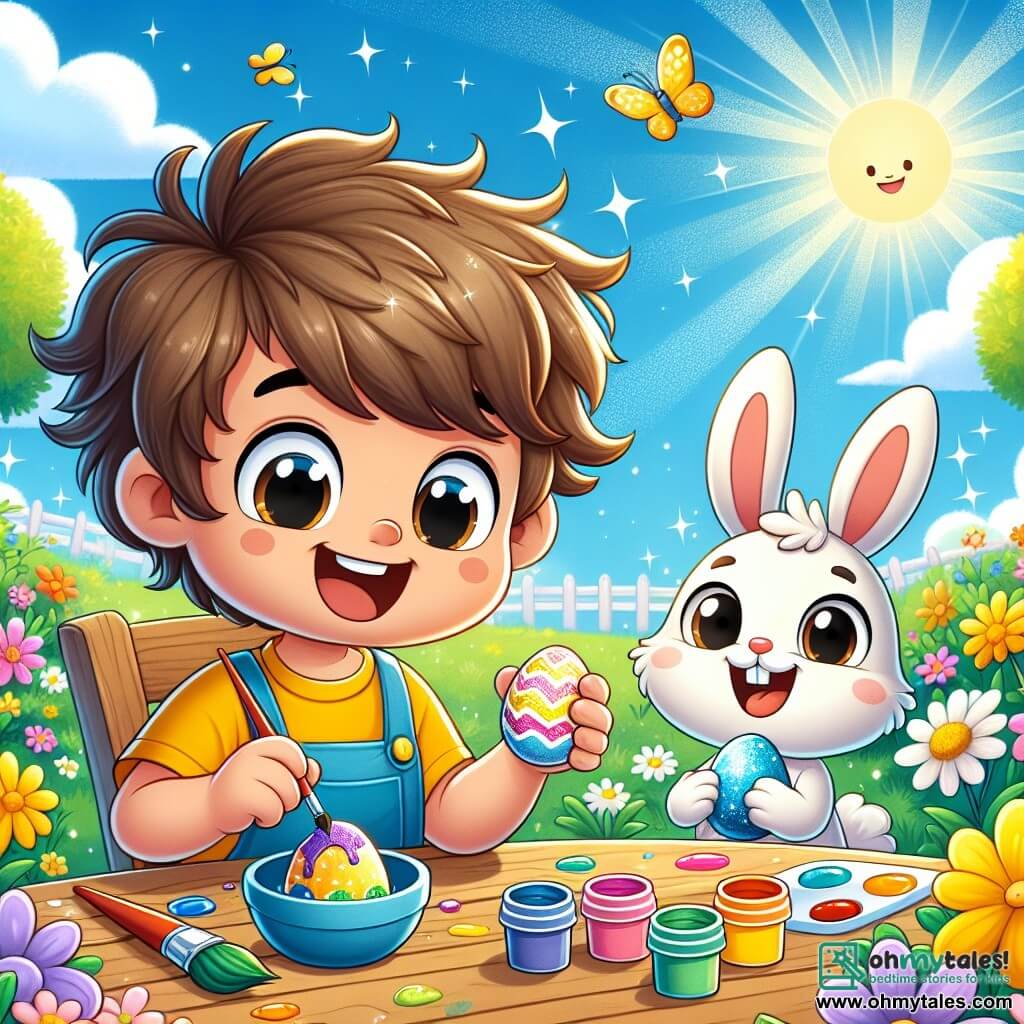 A 6-year-old boy named Benny, with messy brown hair and a big smile, is sitting at a wooden table in a sunny garden. He is wearing a bright yellow t-shirt and blue shorts, painting colorful Easter eggs with brushes. His eyes shine with excitement and joy. Next to him is Binky, a small Easter bunny with big ears and fluffy white fur. Binky has a mischievous look and is holding a sparkling egg in his paws, ready to show it to Benny. The garden is filled with vibrant flowers of all colors, with butterflies flying around. The sky is light blue, dotted with a few fluffy white clouds, and the sun is shining brightly. The main scene shows Benny and Binky creating magical Easter eggs, surrounded by laughter and colors, while sparkles of light shimmer around them, symbolizing the magic of Easter.
