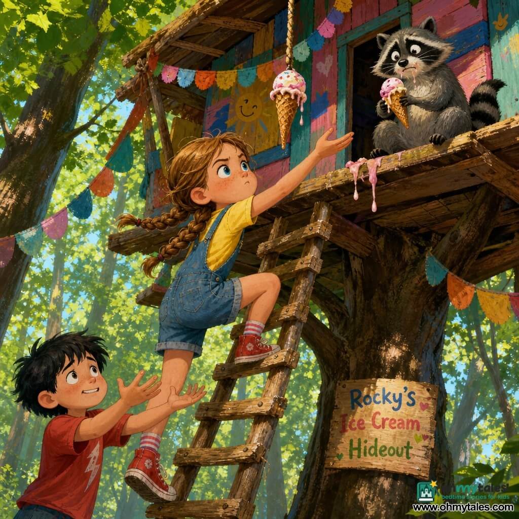 An 8-year-old girl, Lily, round-faced with freckles, bright blue eyes and light-brown hair in two braids, looks determined as she climbs a wobbly wooden ladder to a treehouse, reaching for a suspended ice cream cone; an 8-year-old boy, Max, with messy black hair and a worried smile, stands below ready to catch her, while a gray raccoon named Rocky, with a black eye mask and a cream-sticky muzzle, sits on the platform holding a half-eaten cone; the colorful treehouse, hidden in a sunlit forest, has painted planks, paper garlands and emerald leaves, and the scene shows a tense, heroic moment of a child daring to reach a high, melting sweet.