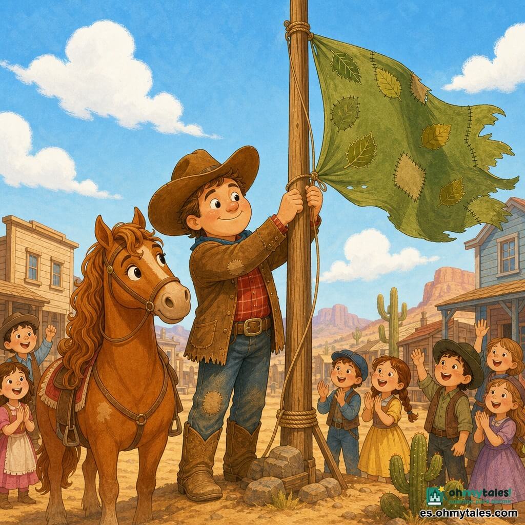 Un vaquero sonriente y decidido, rostro redondo, piel clara, gran sombrero marrón de cuero, camisa a cuadros roja, chaqueta marrón gastada y botas polvorientas, sostiene un gran paño verde remendado con hojas y coloca la banderola en un mástil; a su lado una yegua llamada Amapola, dulce, de pelaje castaño brillante y crin ondulada, inclinando la cabeza con mirada afectuosa y algo polvorienta; al fondo unos niños del pueblo aplauden con pequeñas sonrisas frente a casas de madera claras, suelo polvoriento ocre, mástil alto, cactus y colinas suaves bajo un cielo azul con nubes blancas; escena central alegre con la bandera reparada ondeando al viento, colores vivos y movimiento de la tela, luz cálida del sol; estilo gráfico de líneas suaves, colores pastel saturados y texturas de papel y lápiz, composición simple y legible para un niño pequeño.
